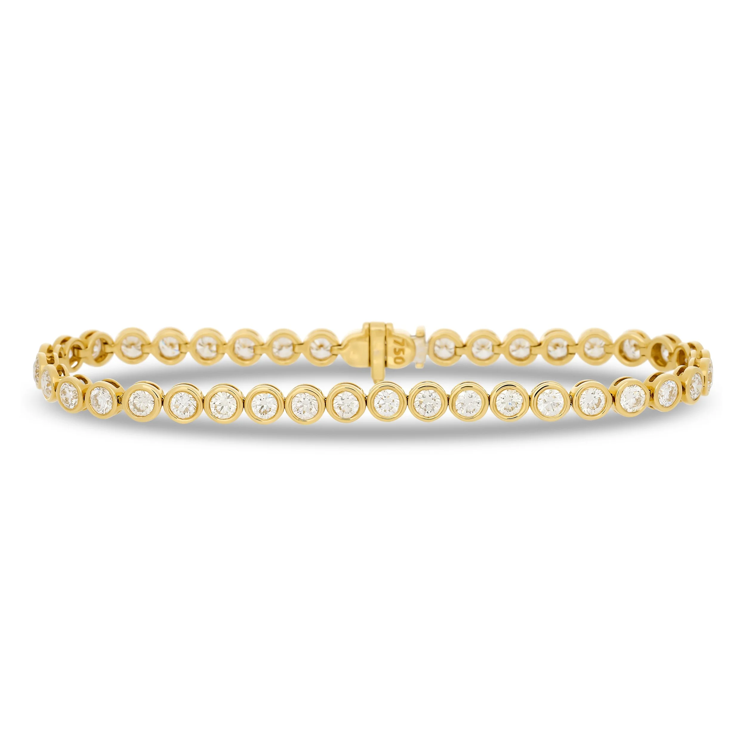 18k yellow gold round diamond bezel set tennis bracelet