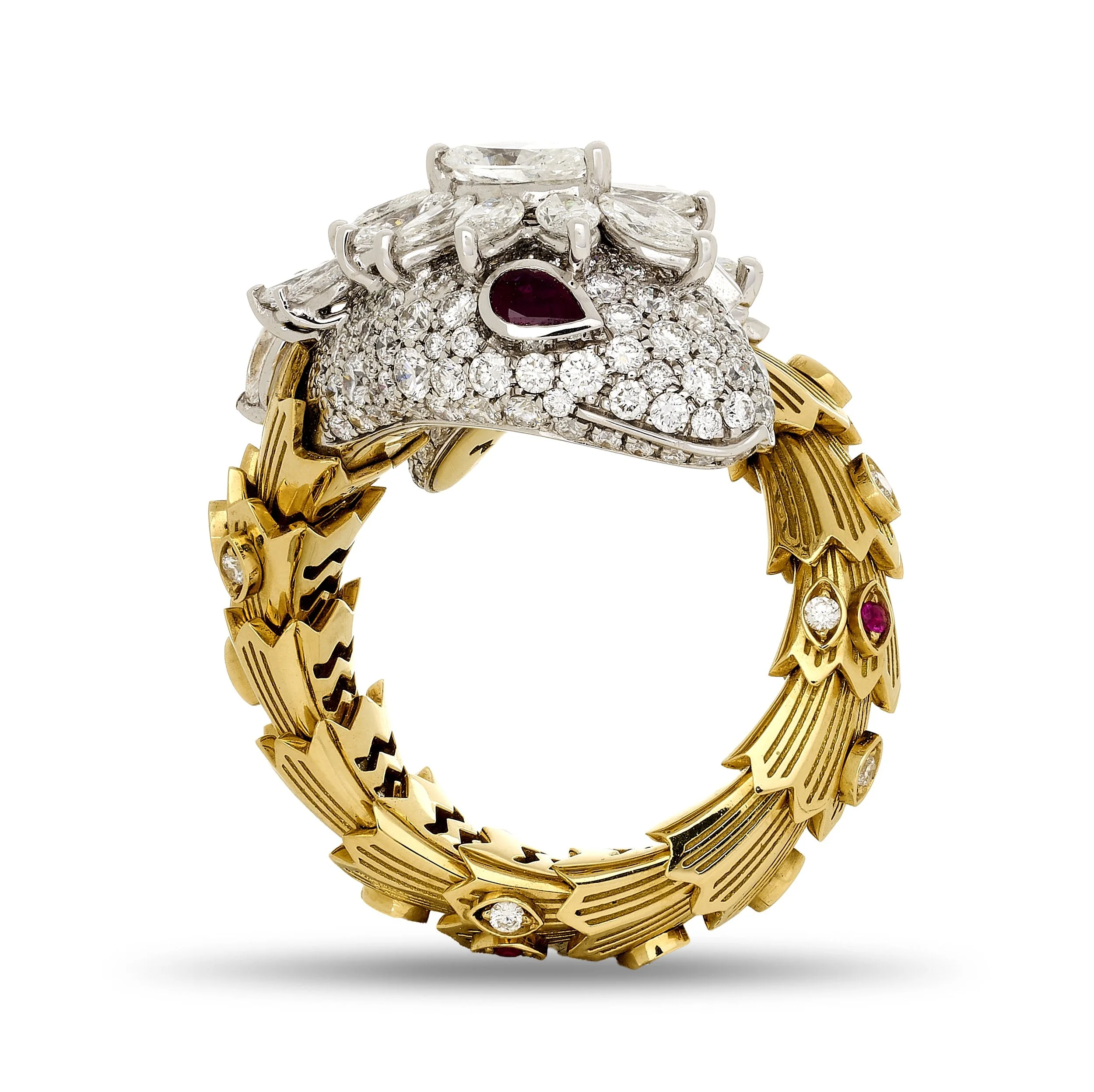 Bulgari Serpenti 18k yellow and white gold diamond and ruby snake ring