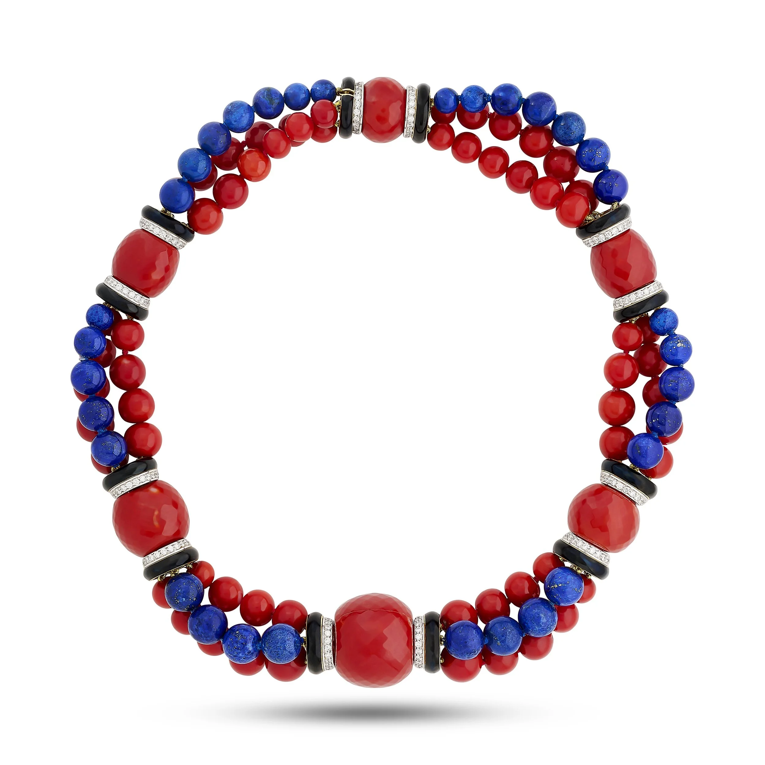 David Webb 18k yellow gold and platinum coral and lapis bead necklace