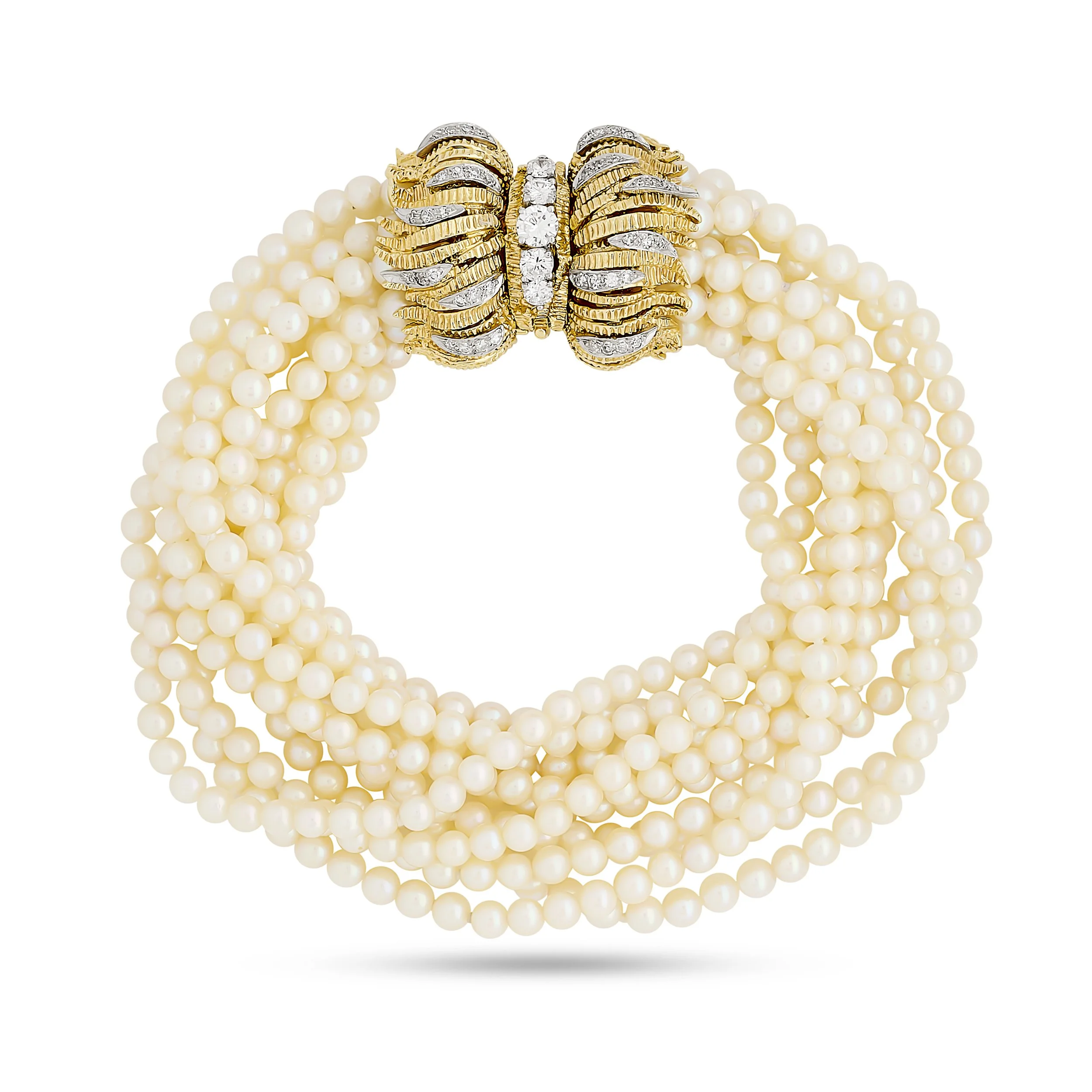 Multi-strand pearl bracelet with 18k yellow gold diamond clasp
