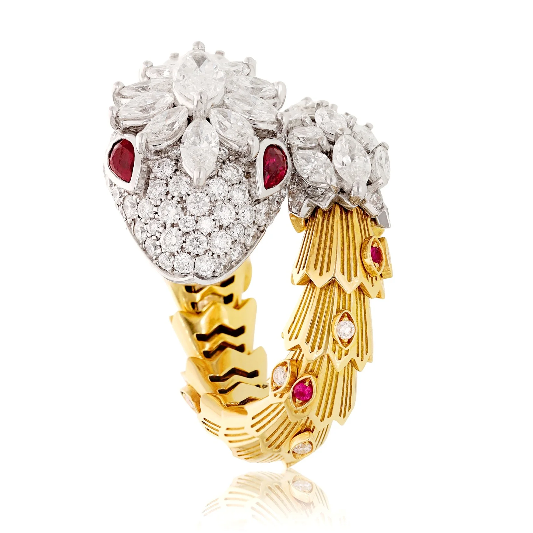 Bulgari Serpenti 18k yellow and white gold diamond and ruby snake ring