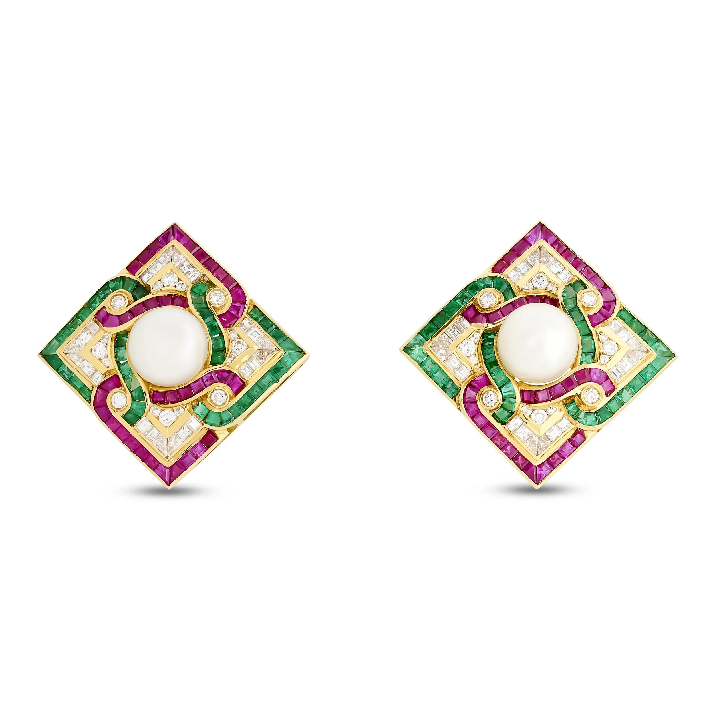 18k yellow gold pearl, emerald, ruby and diamond earrings