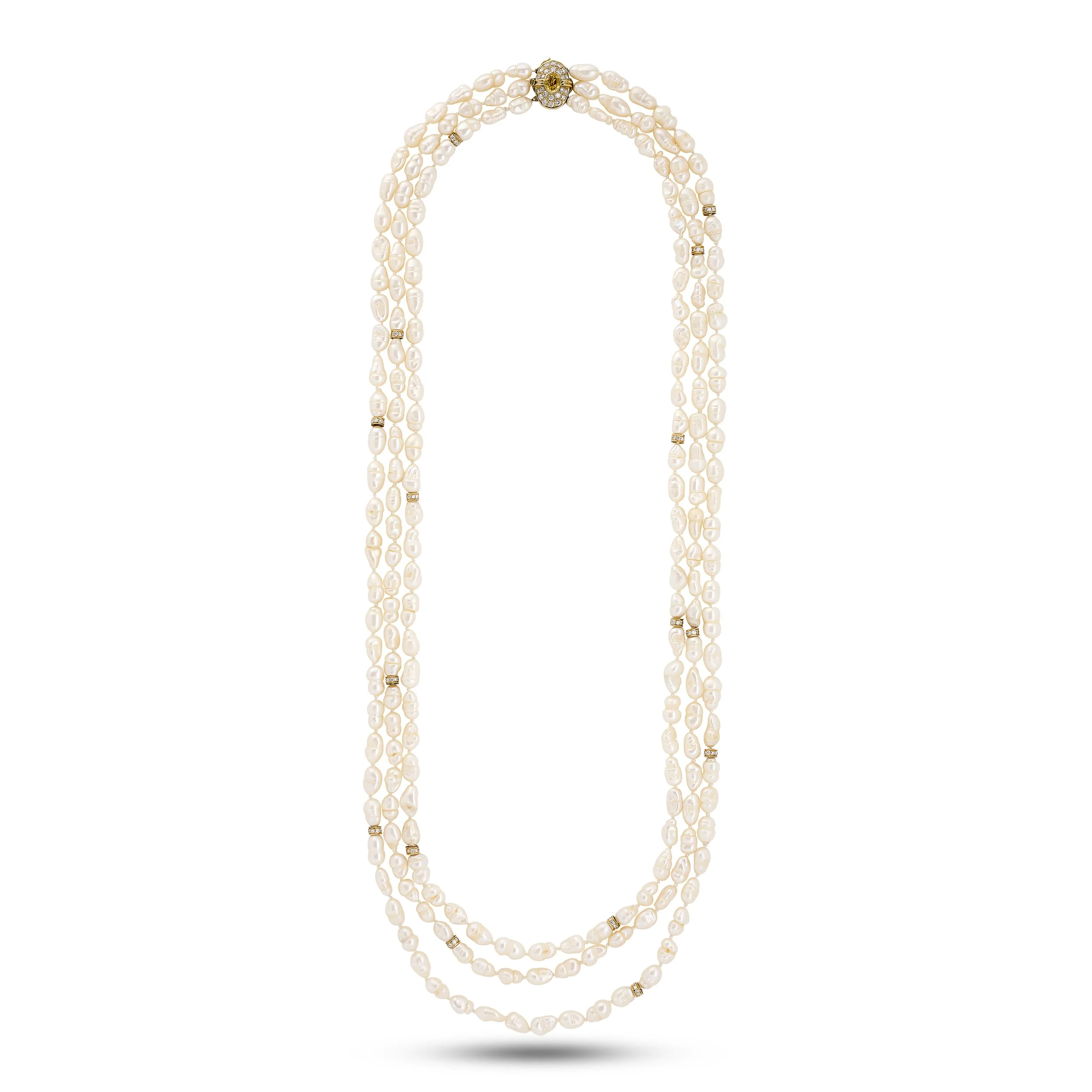 18k yellow gold three strand pearl, diamond and yellow sapphire necklace