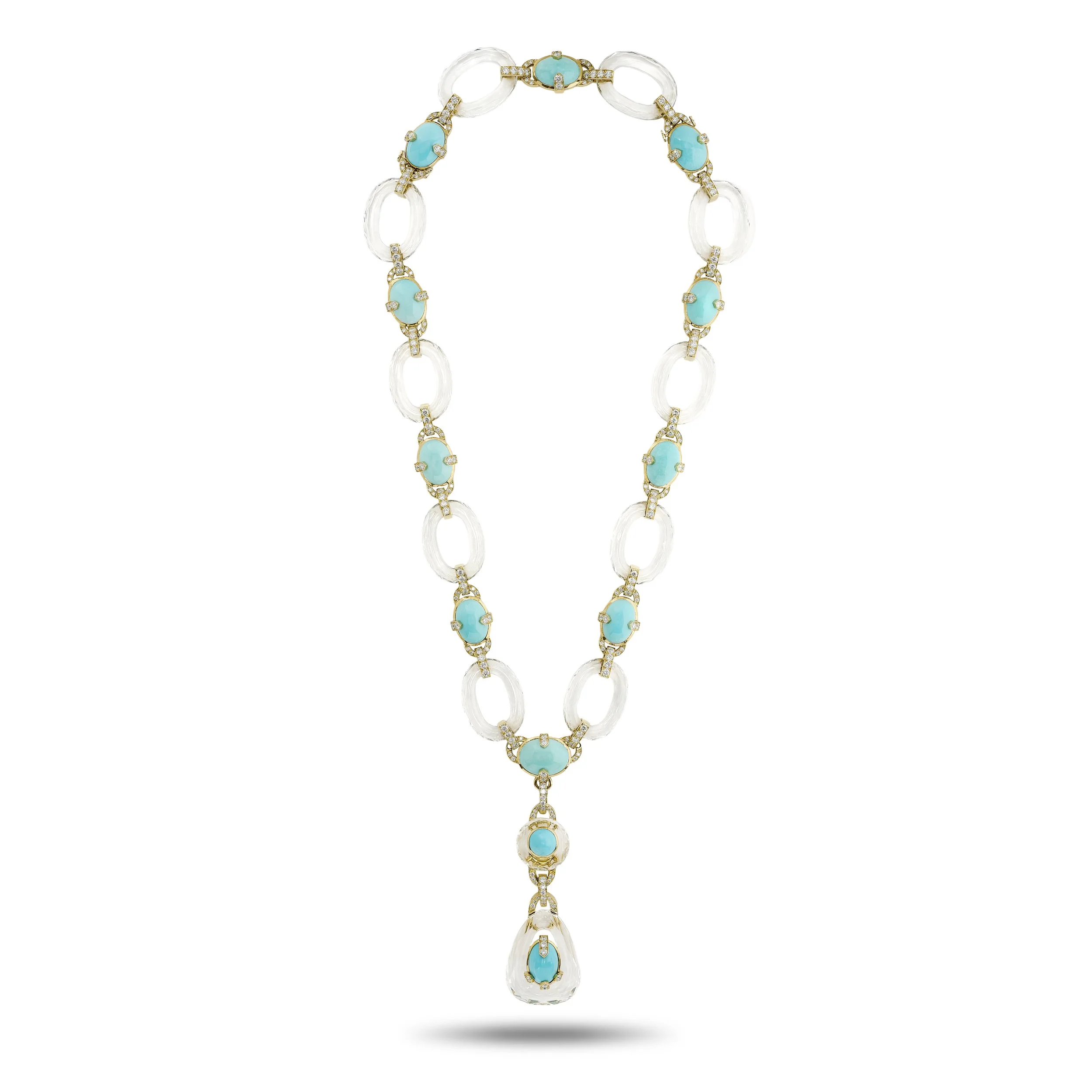 David Webb 18k yellow gold rock crystal and turquoise Gala Necklace
