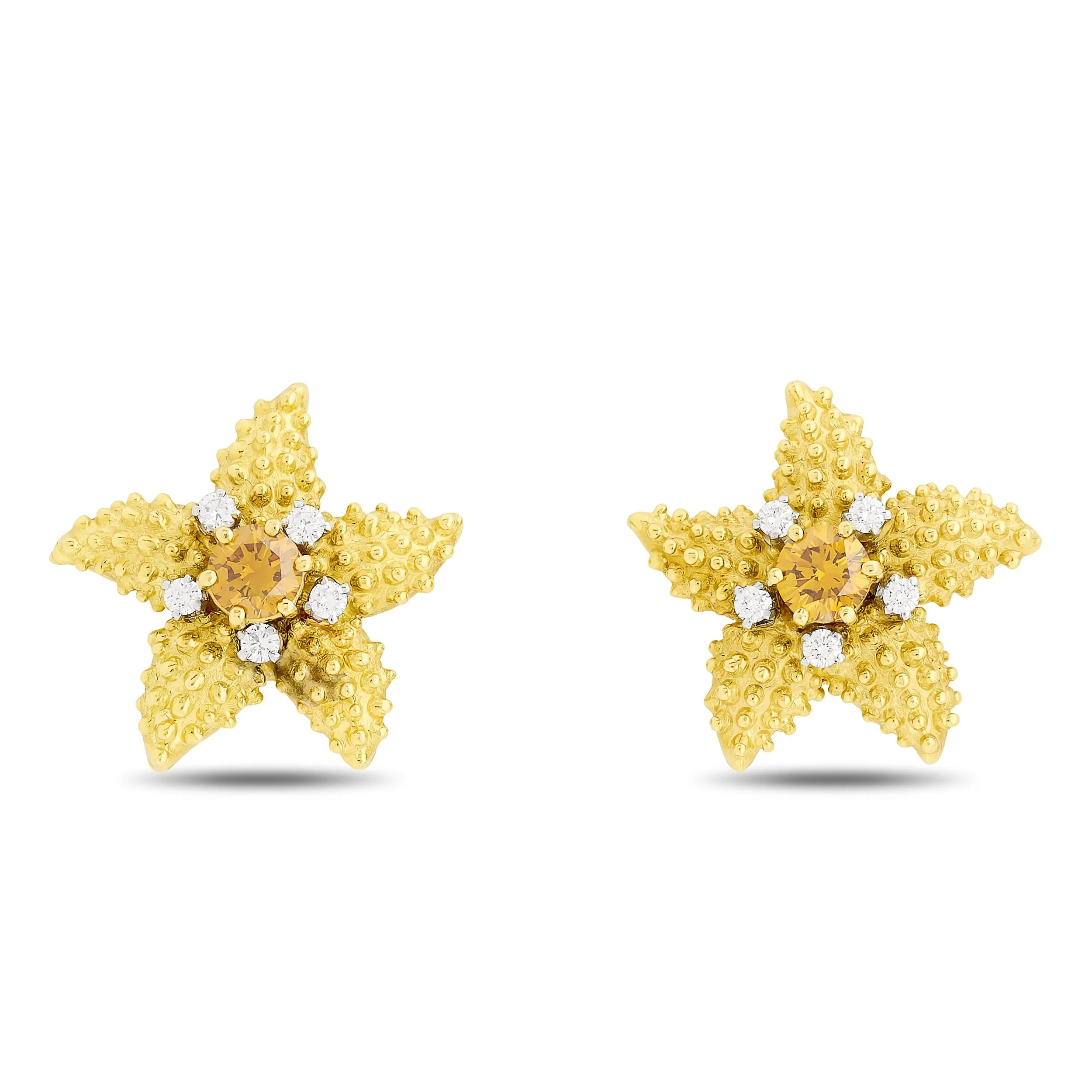 18k yellow gold brown and white diamond starfish earrings