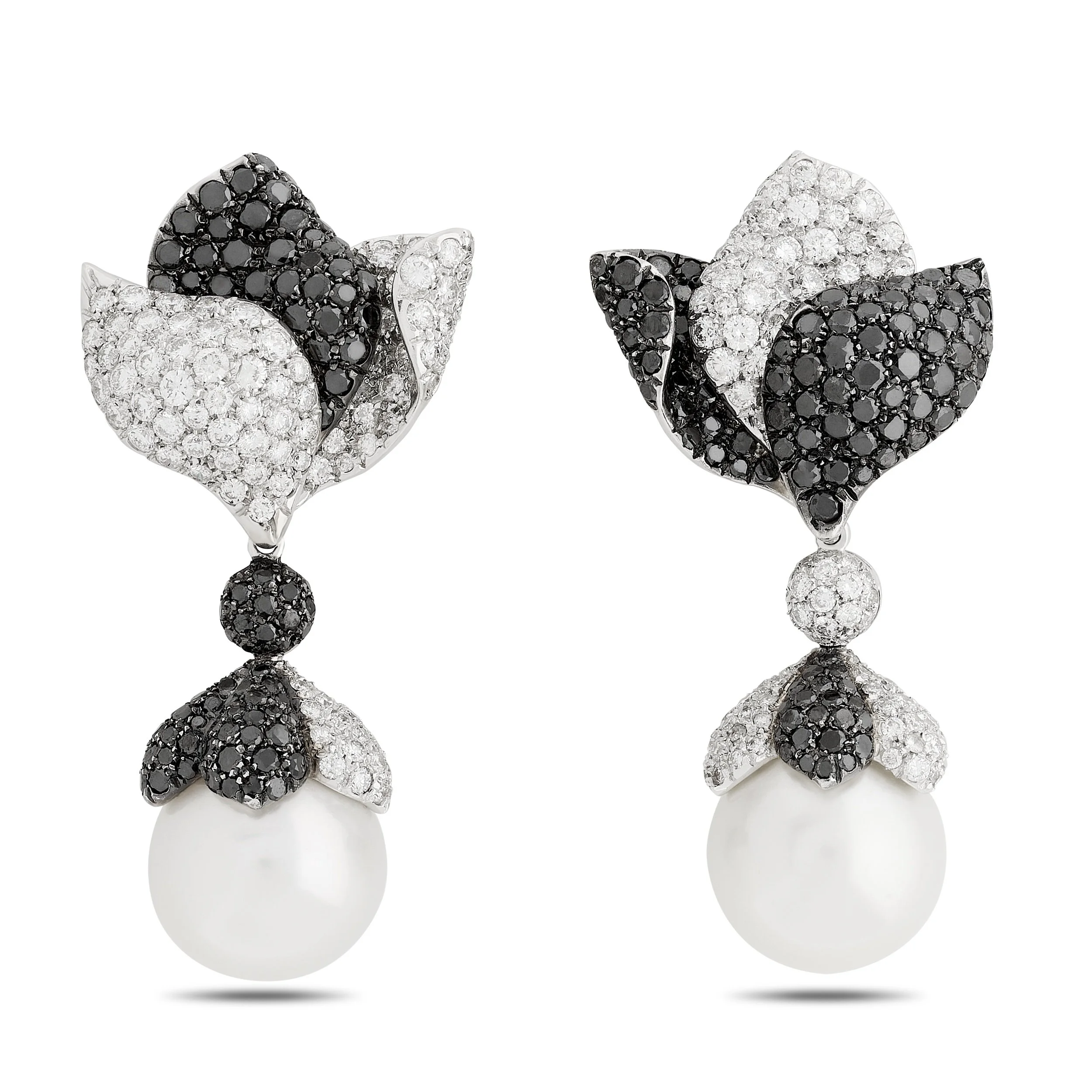 18k white gold white and black diamond pearl earrings 13.62ctw