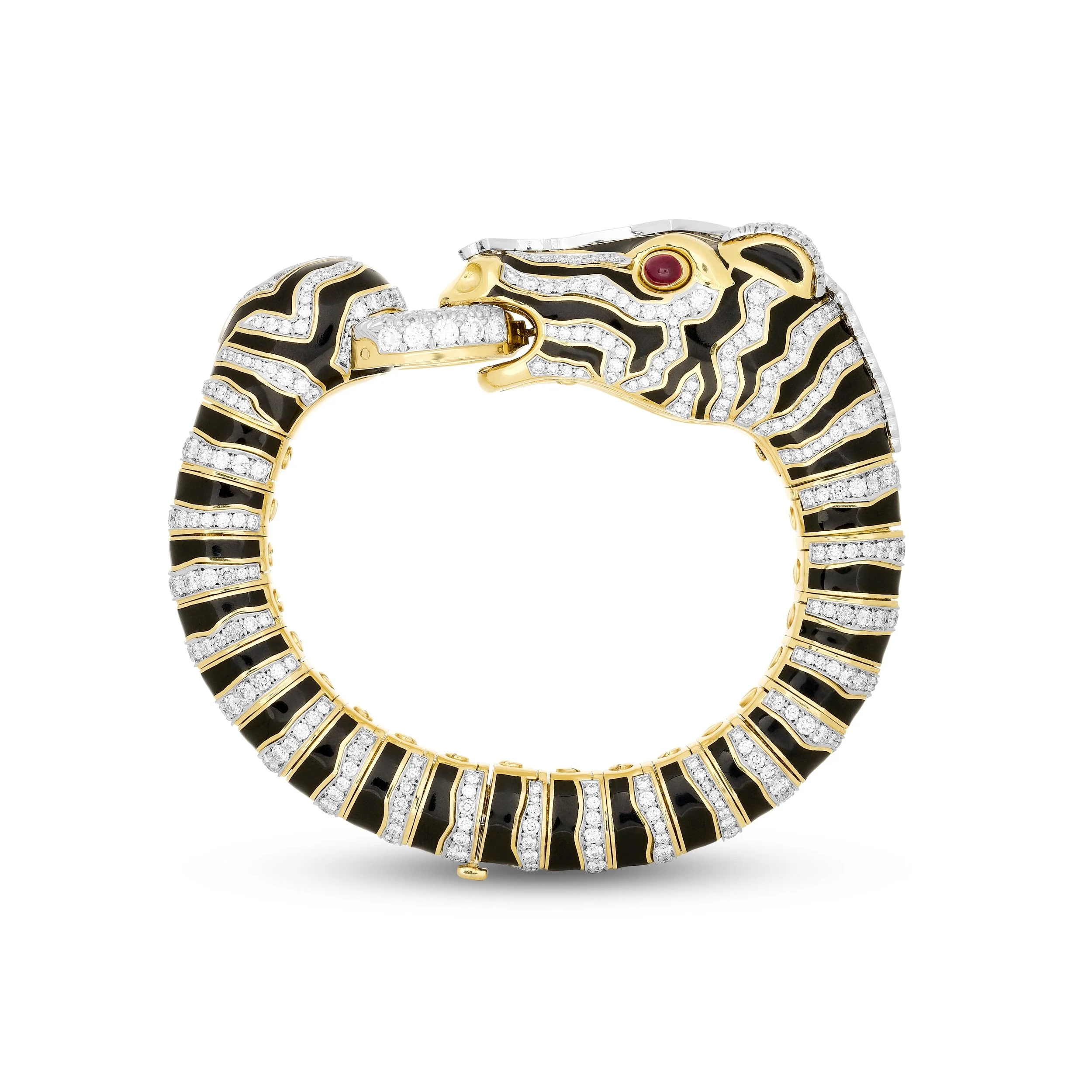 David Webb 18k yellow gold and platinum diamond and enamel zebra bangle