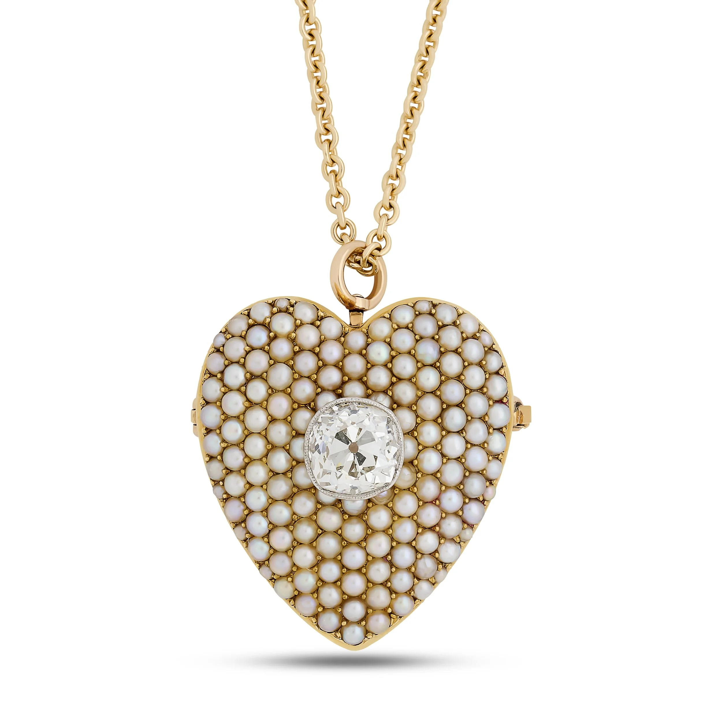 14k yellow gold pearl and diamond heart pendant