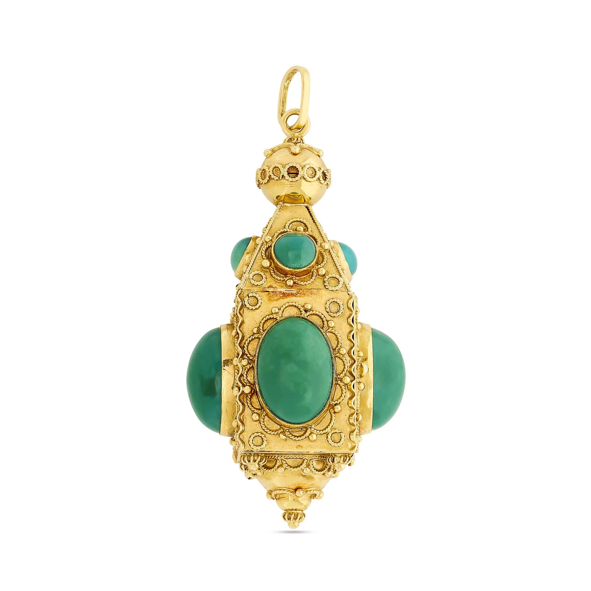 Italian 18k yellow gold Etruscan revival turquoise filigree container pendant