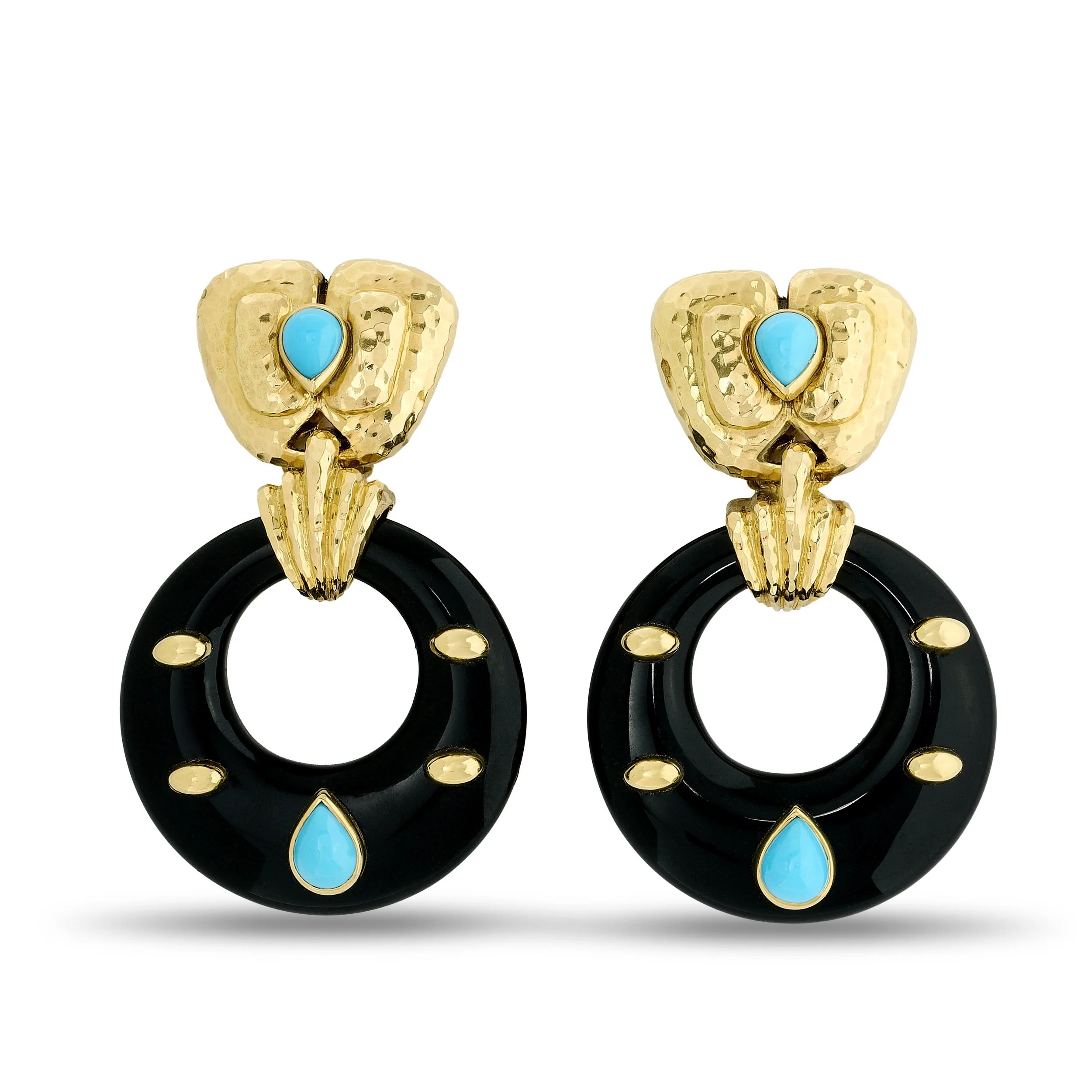 David Webb 18k yellow gold onyx and turquoise Kallisto earrings