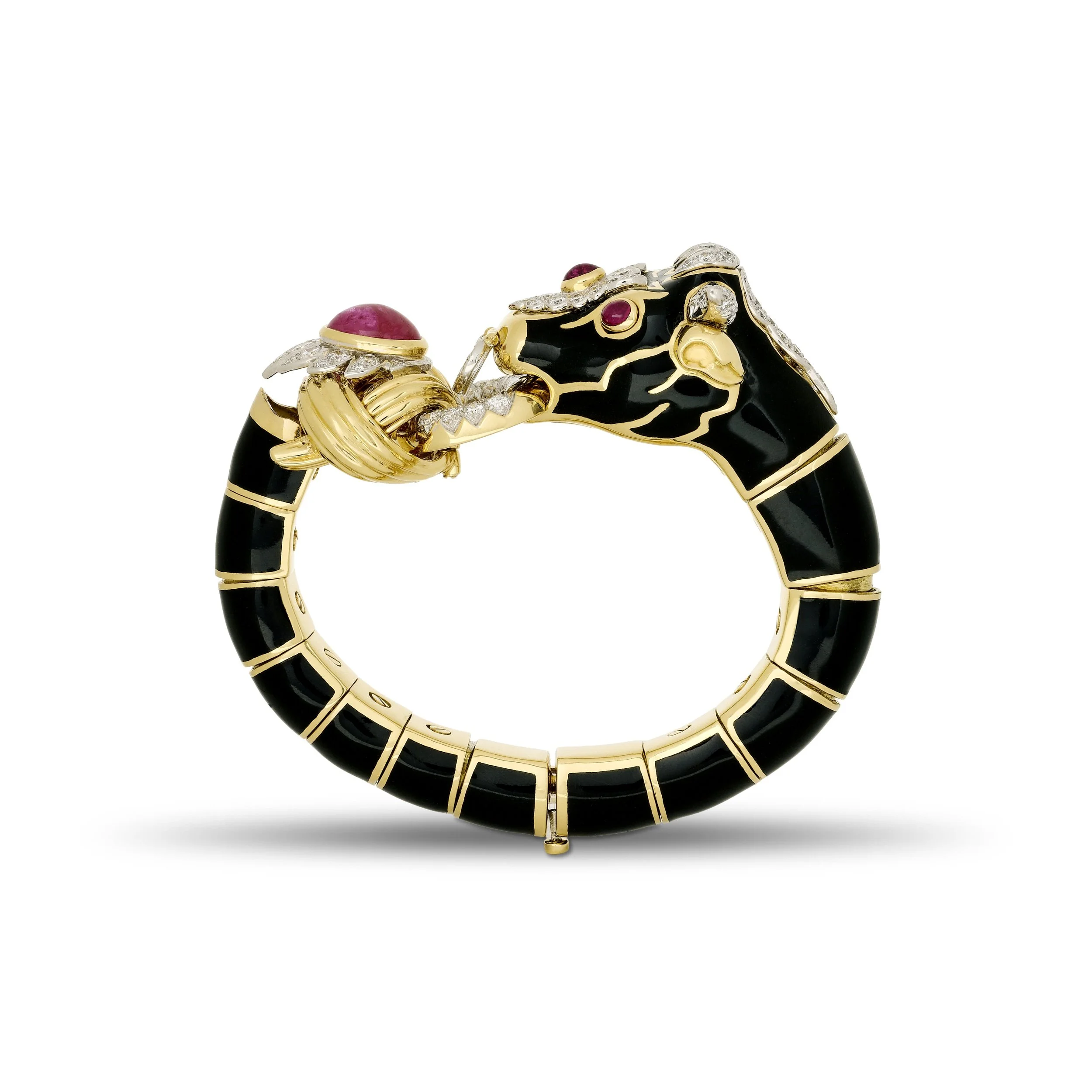David Webb 18k yellow gold and platinum black enamel bull bangle