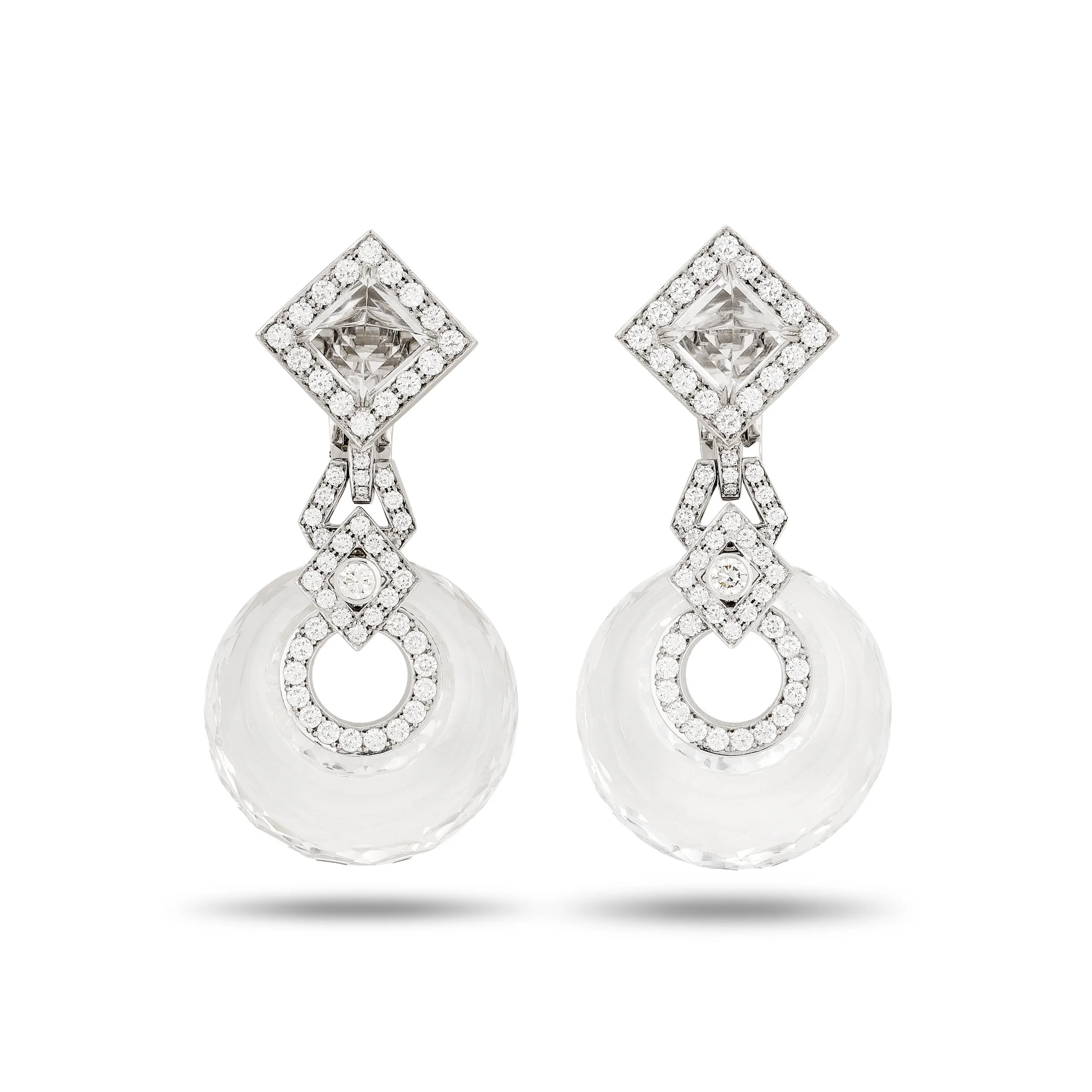 David Webb 18k white gold and platinum rock crystal and diamond Midnight earrings