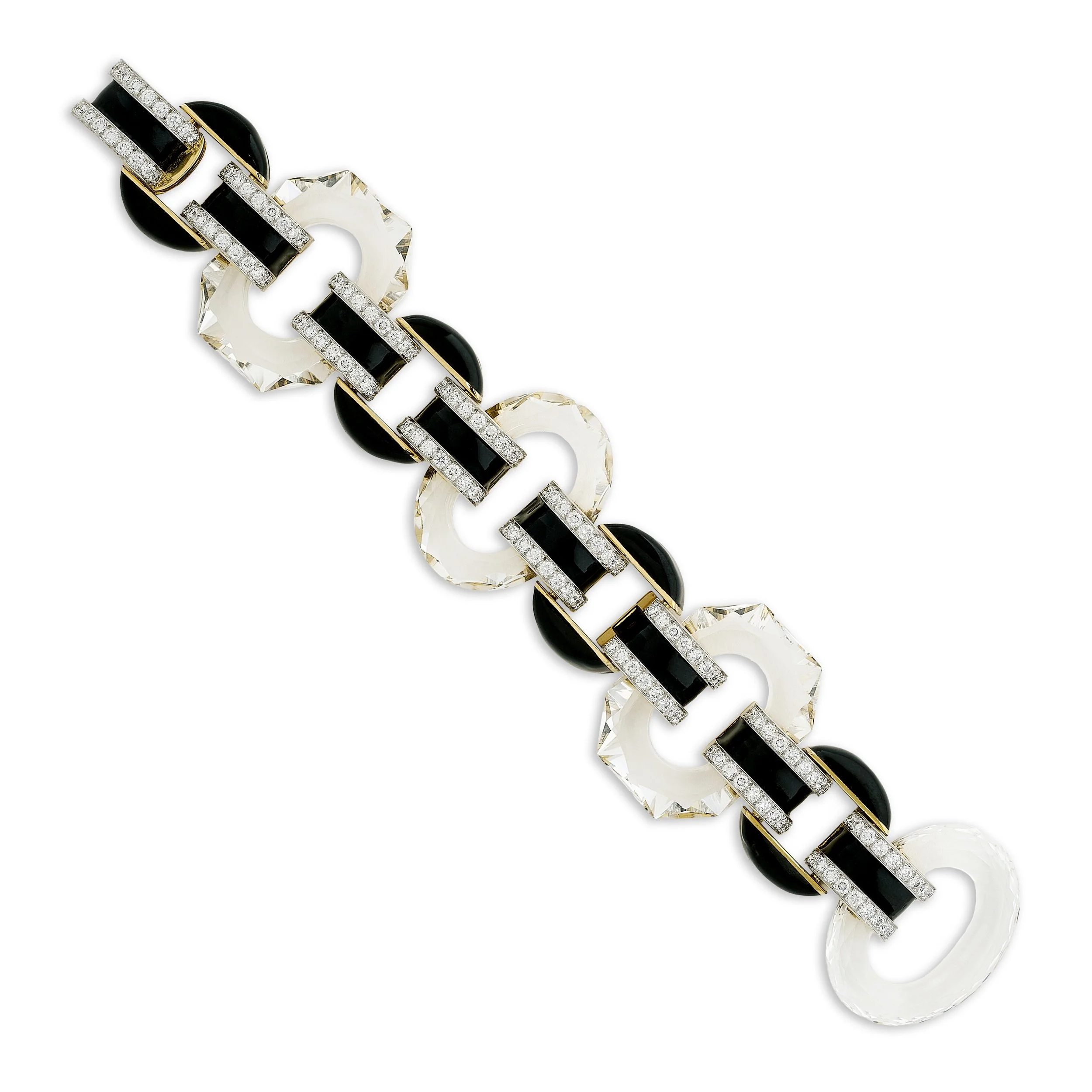 David Webb 18k yellow gold and platinum rock crystal and black enamel Tuxedo Bracelet