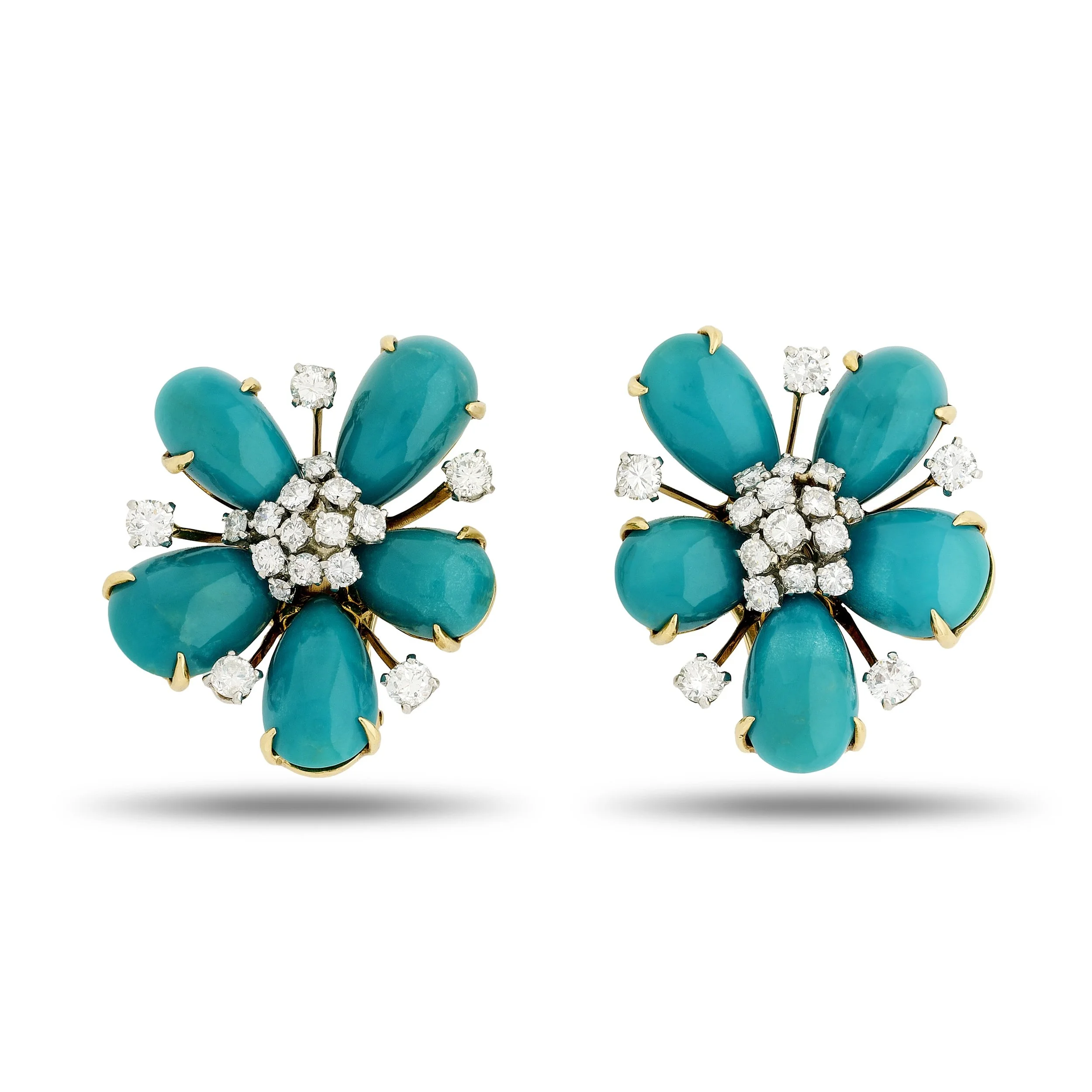 David Webb 18k yellow gold and platinum turquoise and diamond flower earrings