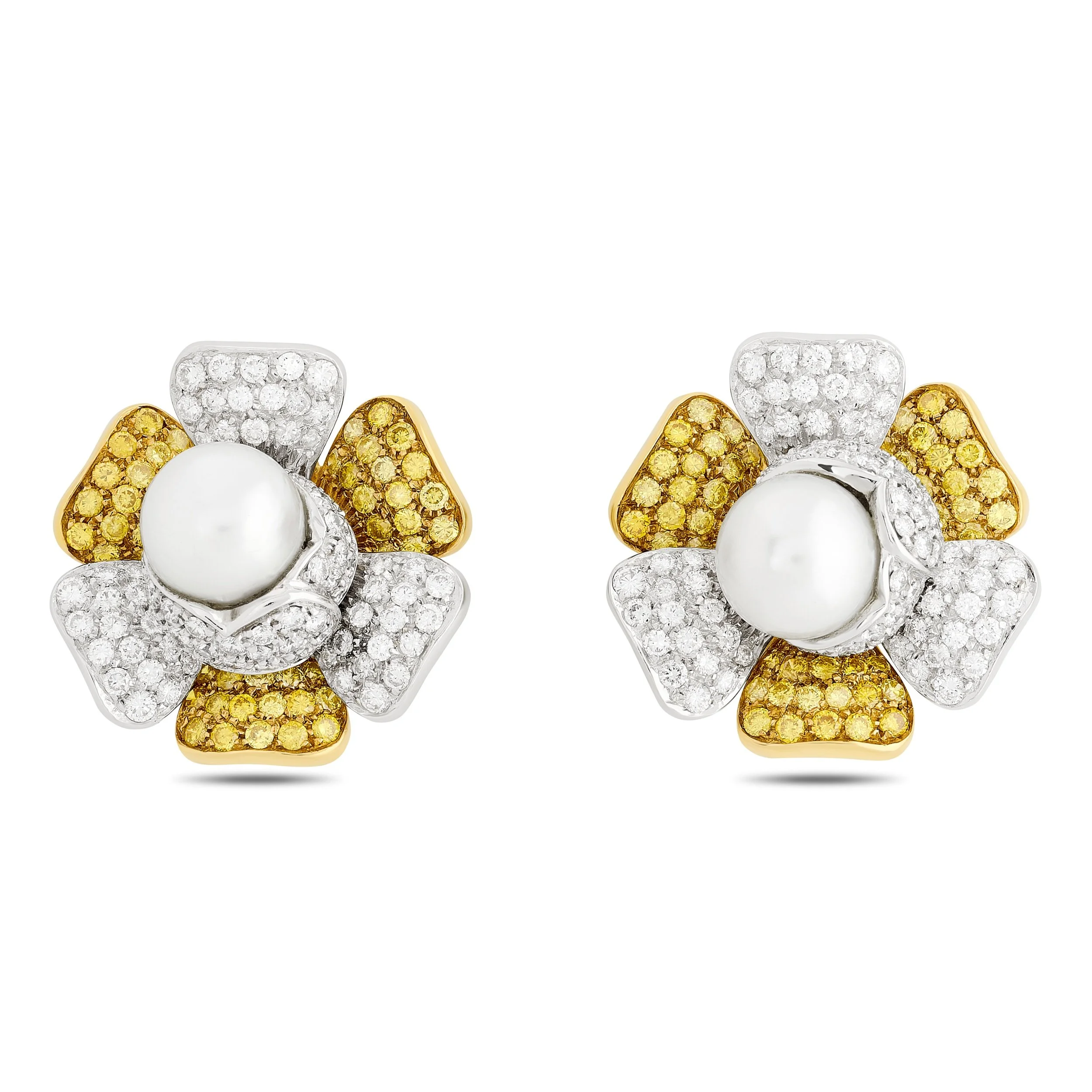 18k two-tone gold pearl, white and yellow diamond flower earrings 6.15ctw