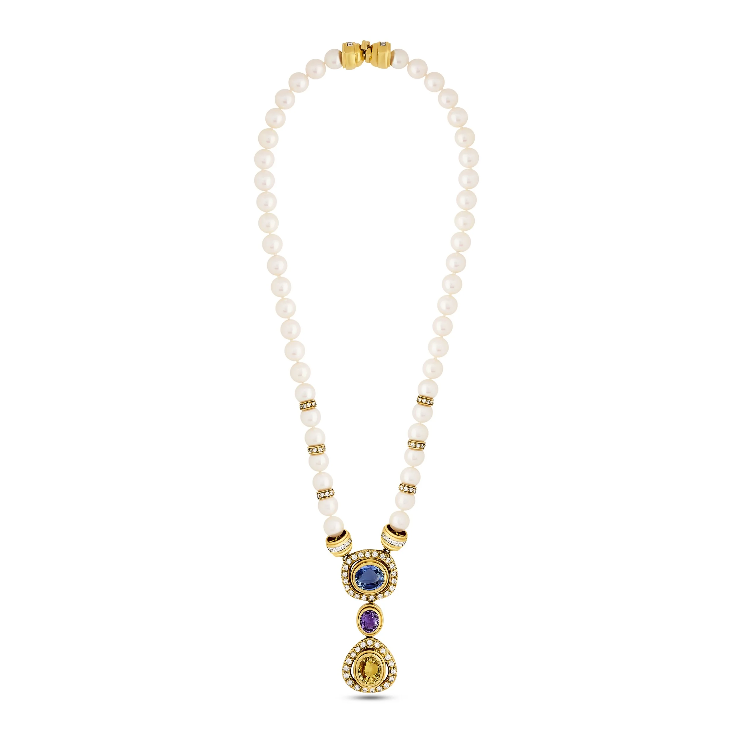 18k yellow gold multi-color sapphire and diamond pearl necklace