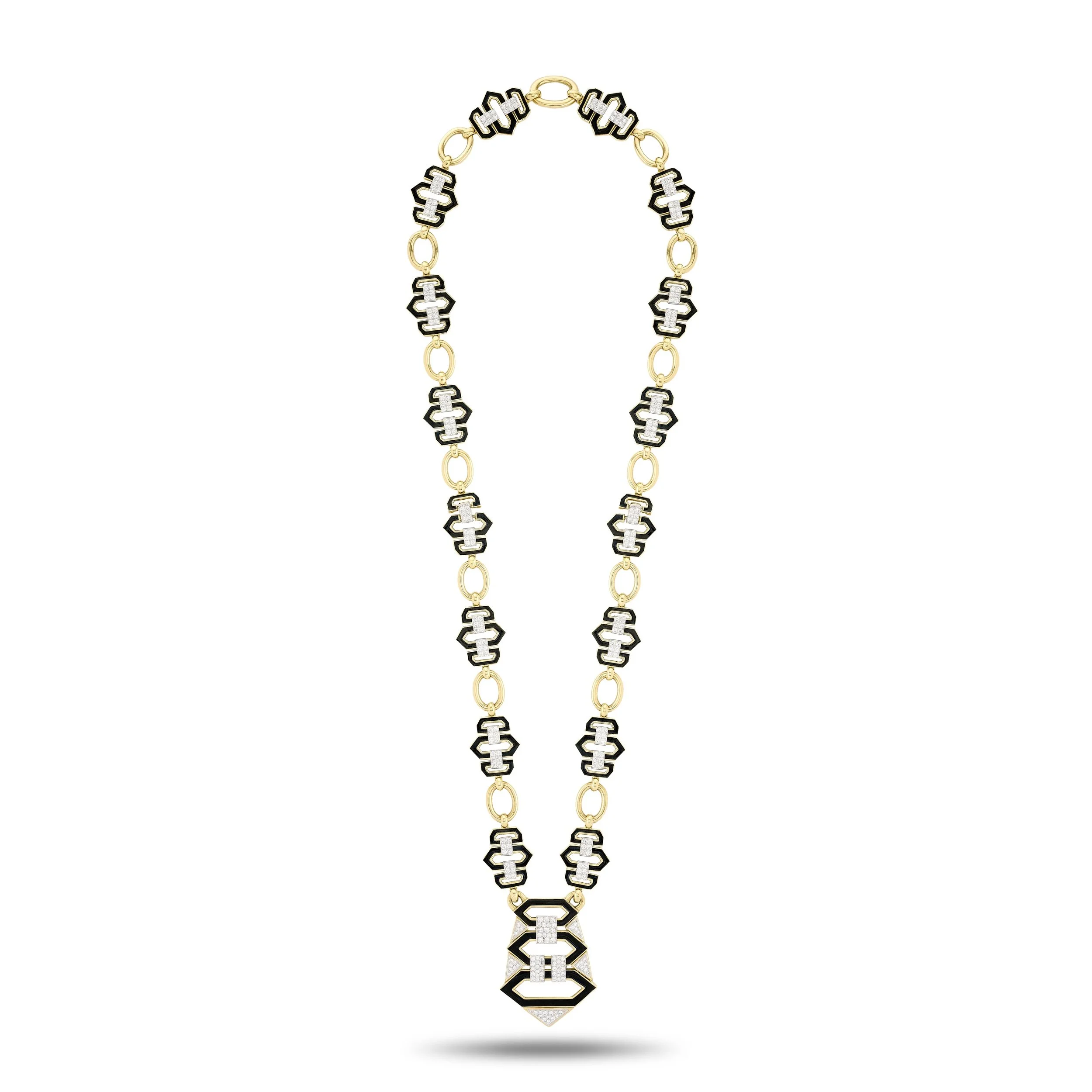 David Webb 18k yellow gold and platinum black enamel and diamond Triptych Link Lex Necklace