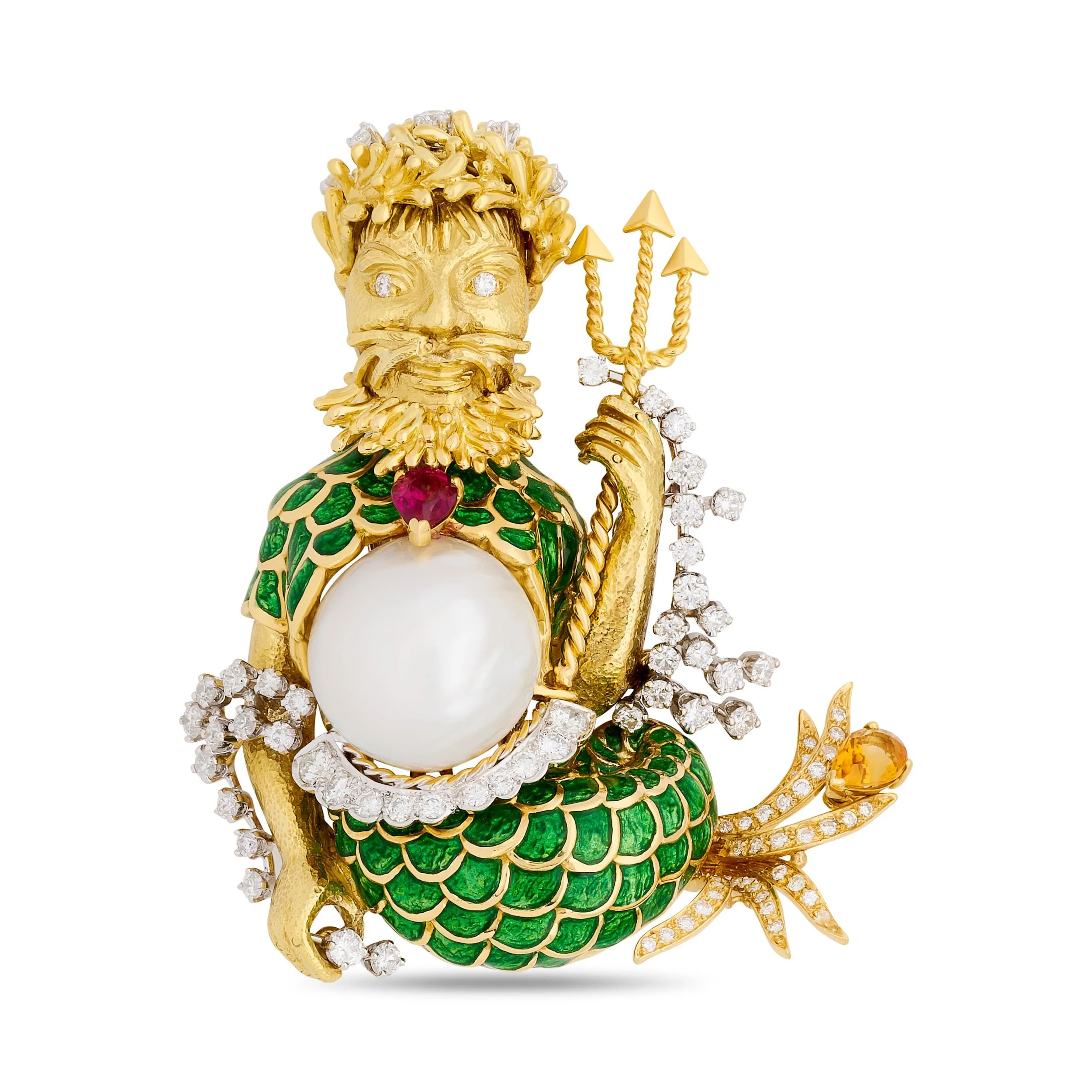 David Webb 18k yellow gold pearl and enamel Merman brooch
