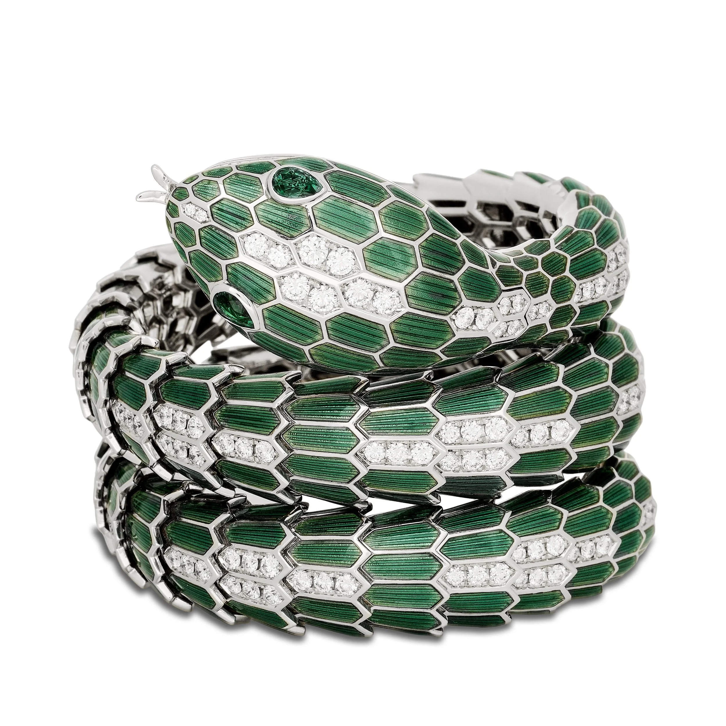 Bulgari Serpenti Misteriosi 18k white gold green enamel snake watch