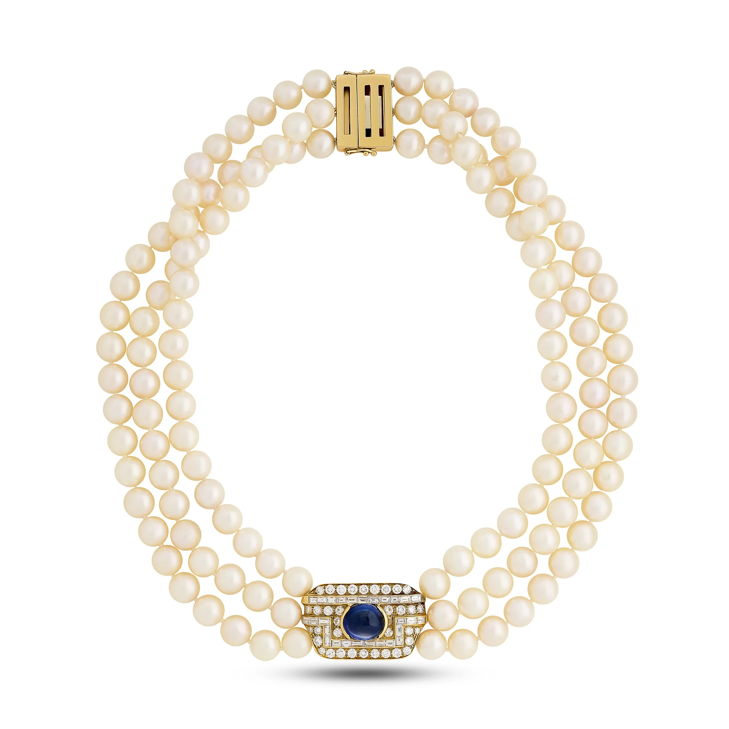 18k yellow gold sapphire and diamond double strand pearl necklace