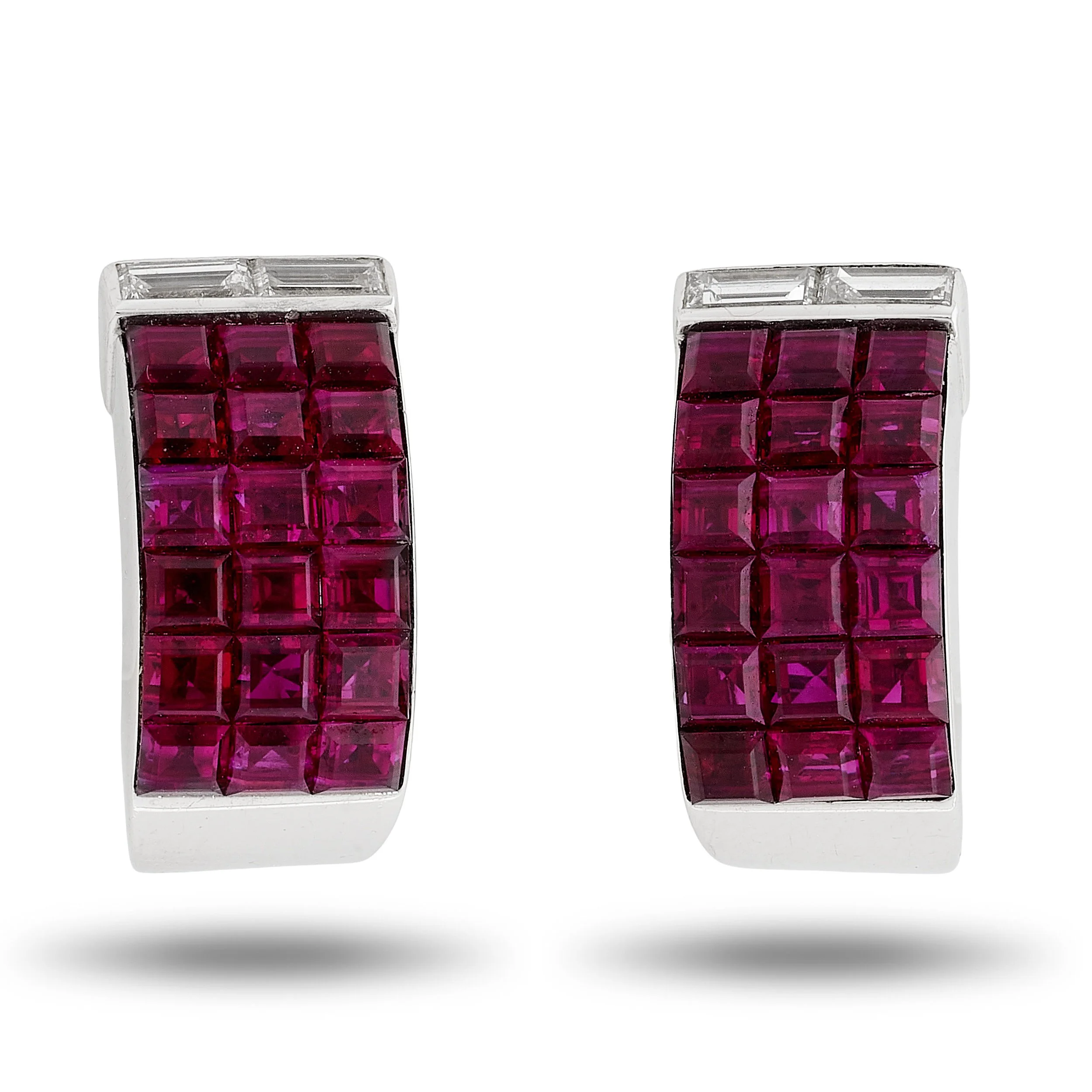 Van Cleef & Arpels 18k white gold mystery set ruby Pont Neuf design earrings