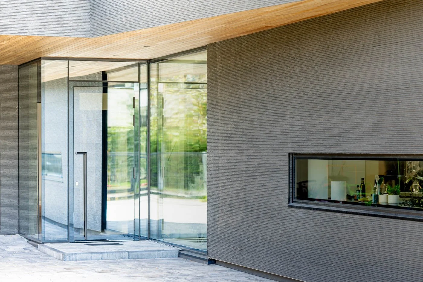 Alumīnija durvis un stiklu durvis modernā privātmājā Bukultos