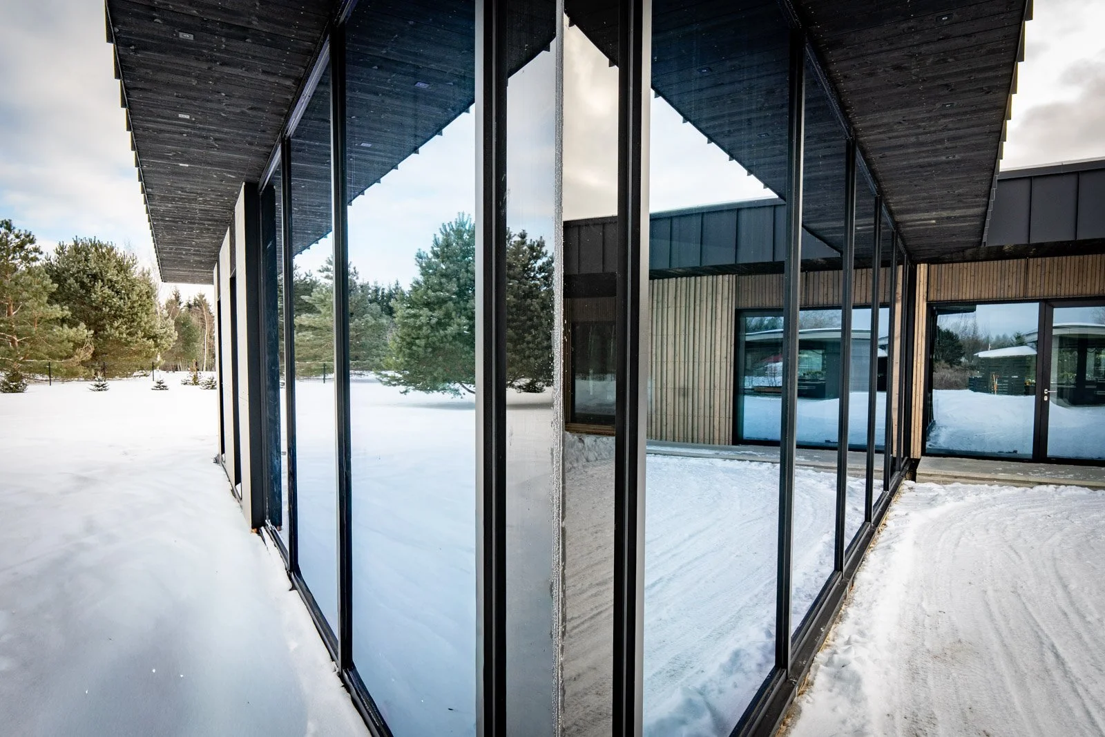 Alumīnija fasāžu sistēma ar struktūrstiklojumu privātmājas projektā Ozolniekos