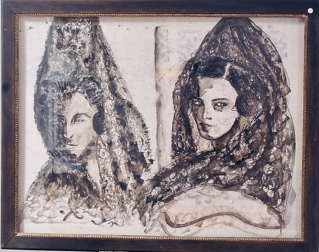 LES DEUX ESPAGNES - huile sur papier marouflé sur carton, 63 x 80 cm