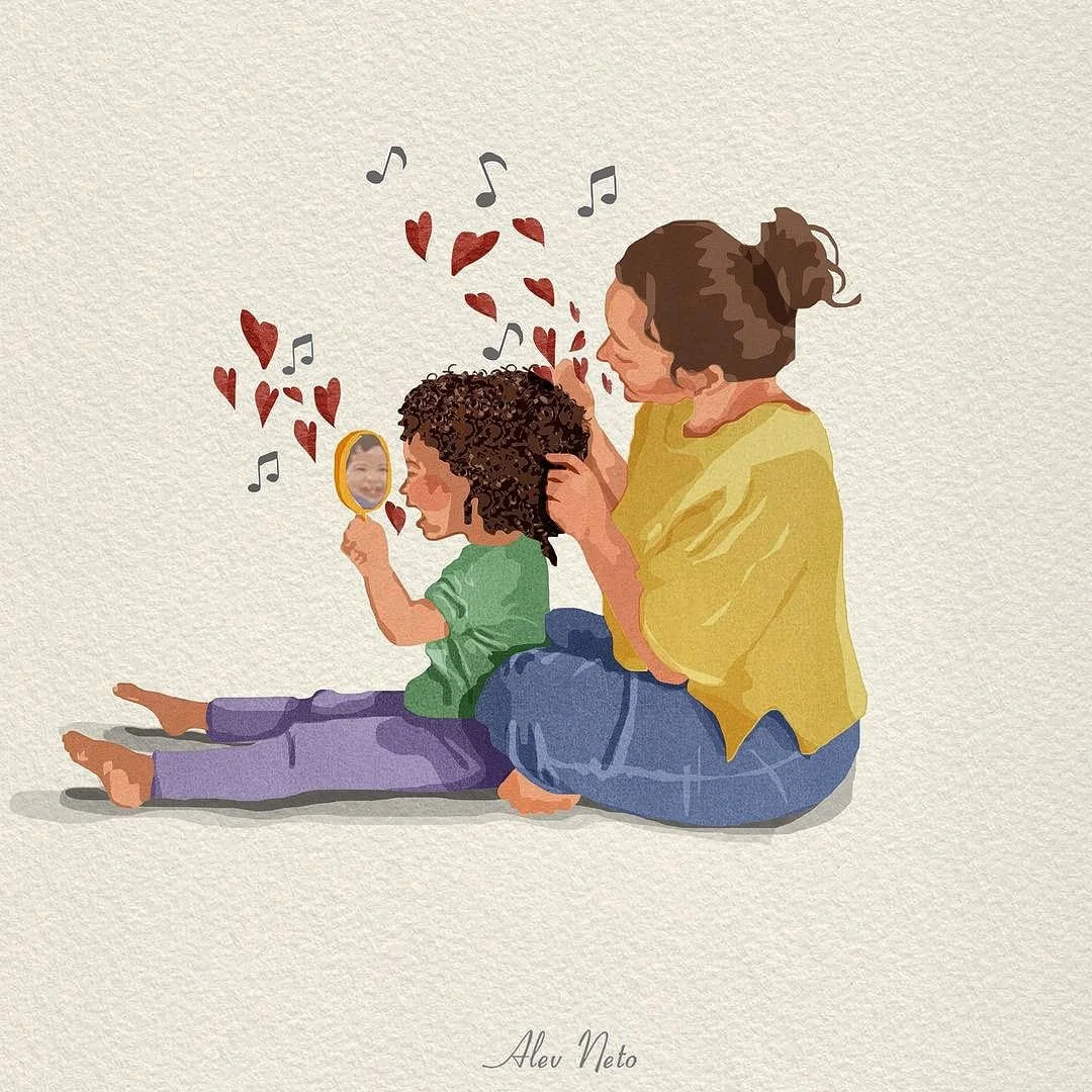An illustration of a mother and child sitting on the floor, with the mother helping the child look into a hand mirror. Musical notes and hearts float around, symbolizing love and affection. The mother and child have curly hair, and both are wearing casual clothes. The image has a textured background.