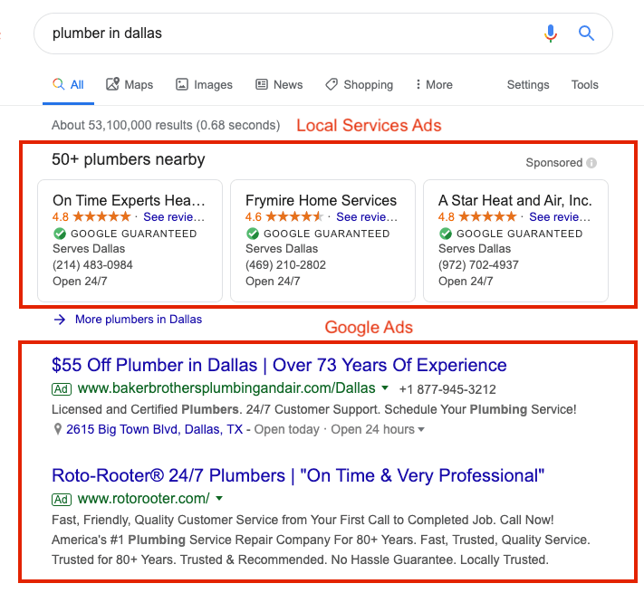 Screenshot of Google search results page for 'plumber in Dallas,' showing local service ads and Google ads for plumbing services.