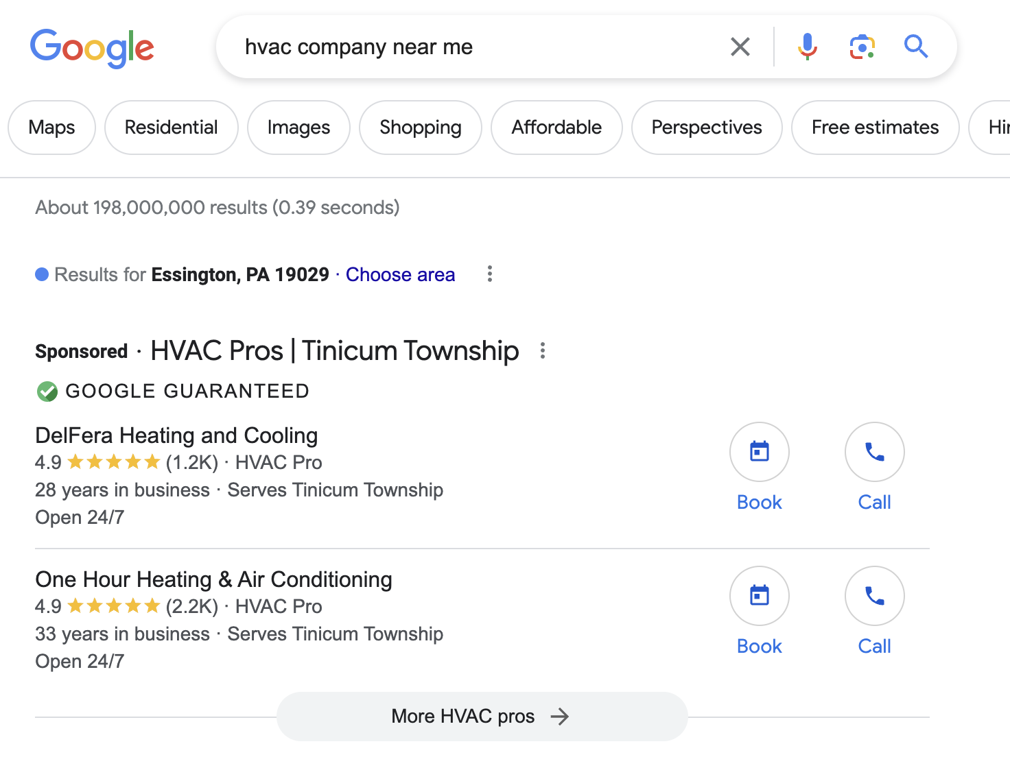 Google search results page with search query 'hvac company near me' and local business listings for HVAC Pros in Tincum Township, including contact options to book or call.