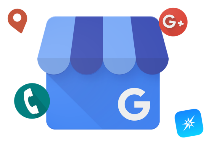Google My Business icon with a blue storefront, surrounded by icons for phone, Google Plus, Google Maps, and Google Search.