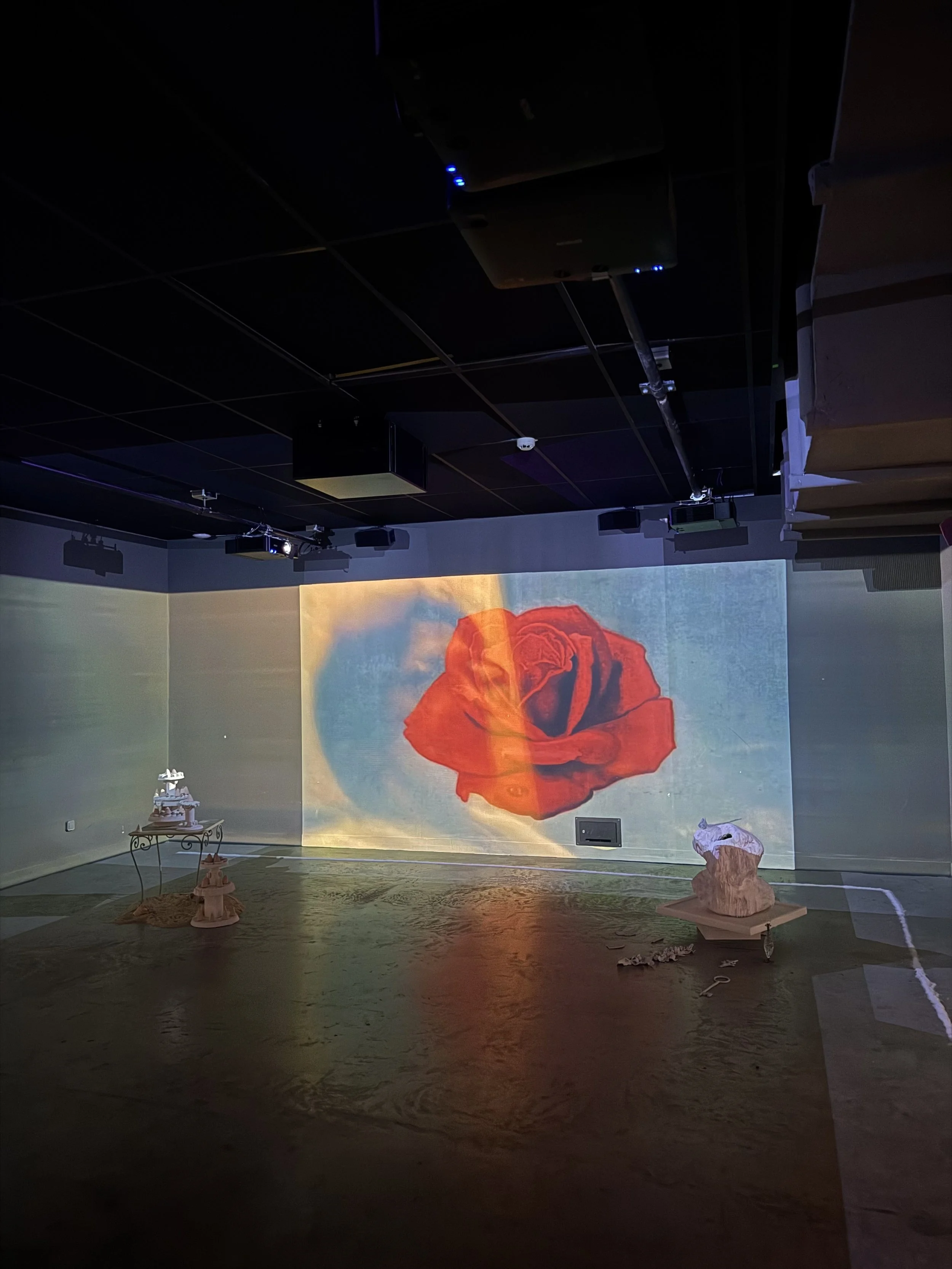 An art installation features a large projected image of a red rose on a wall, with various sculptures placed on the floor and tables in front of it. The room is dark, with ceiling-mounted projectors and equipment visible.