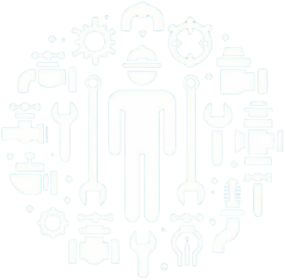 Illustration of a worker with tools and gears