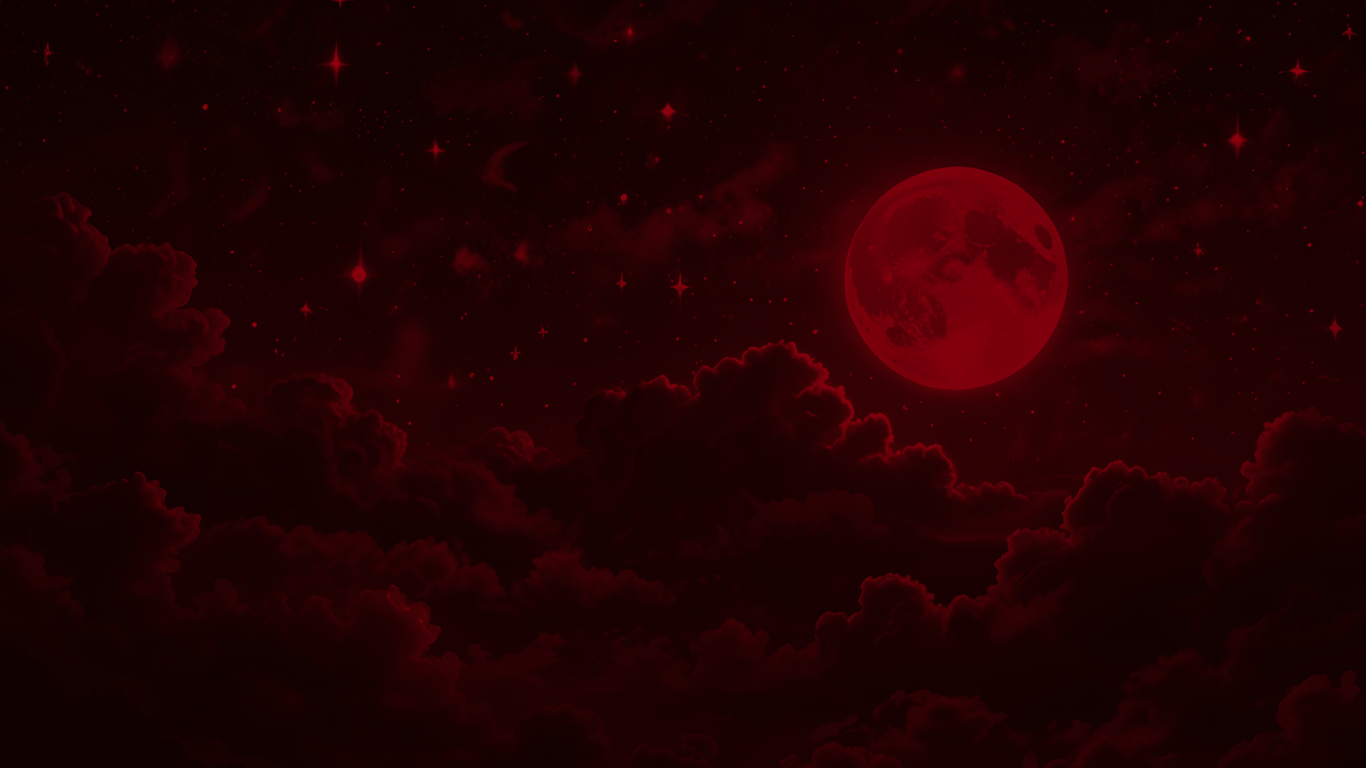 Red moon in a dark, starry sky with clouds and nebulae