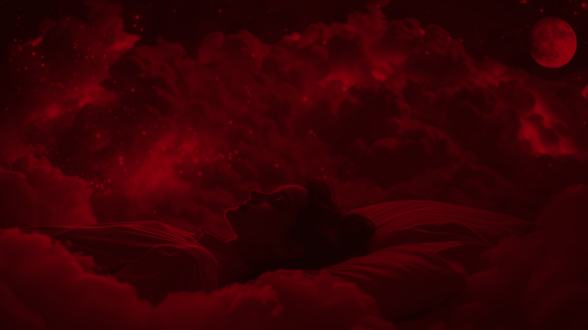 A person lying on a bed, surrounded by red clouds, with a red moon in the night sky.