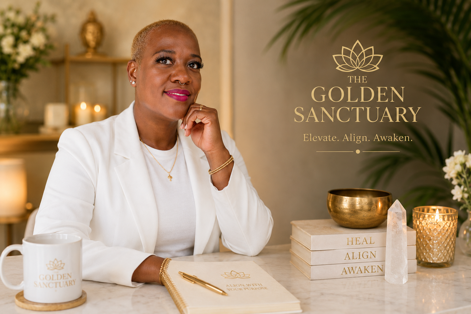 A woman with short blonde hair, dressed in white, sitting at a marble table with a notebook, gold pen, golden bowl, crystal, candles, and greenery around. The image includes text for 'The Golden Sanctuary, Elevate. Align. Awaken.' and a logo resembling a lotus flower.