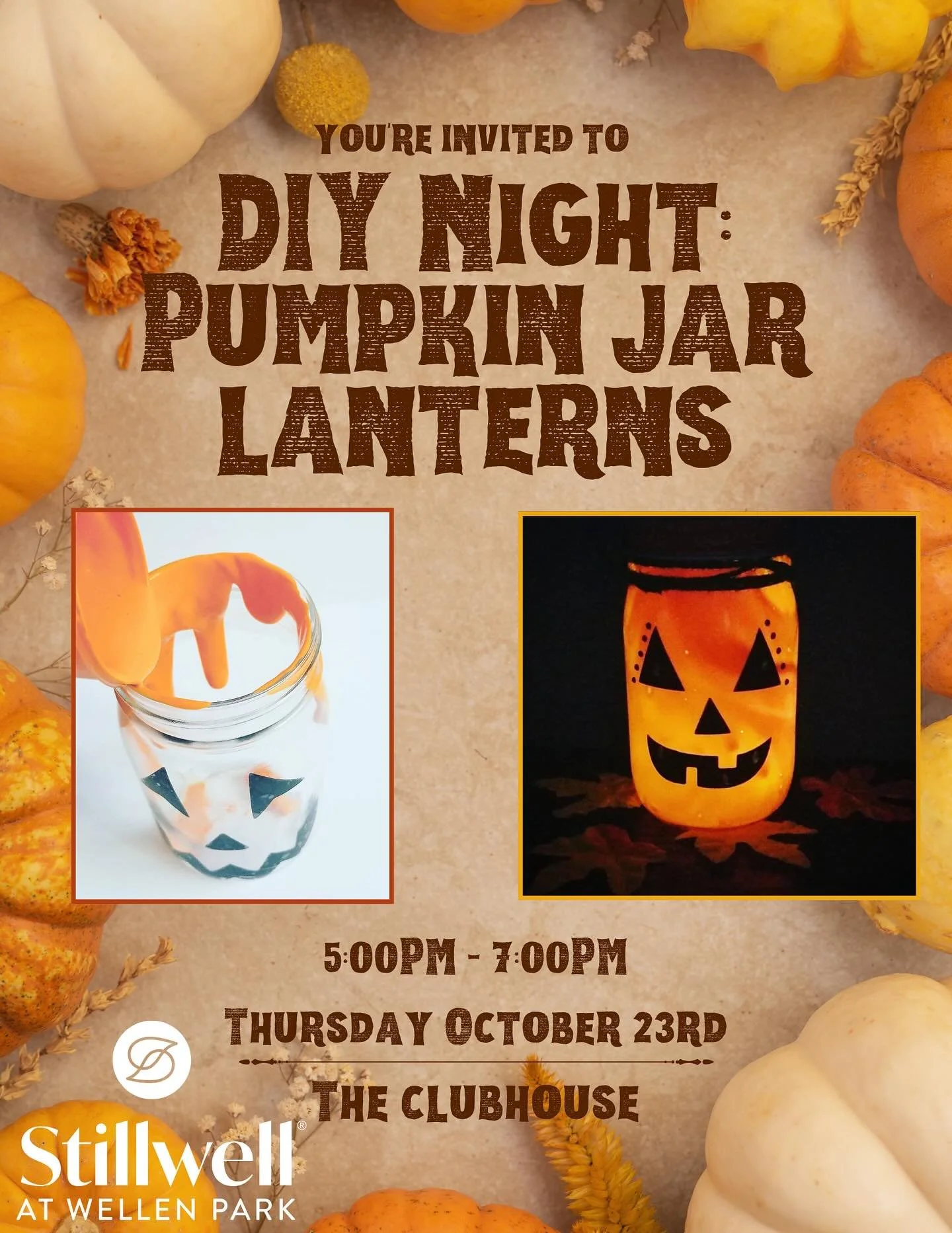β¨DIY Night is back!β¨
Join us this Thursday, October 23rd at 5 PM in the clubhouse for a fun and festive evening of creativity! π¨π
We’ll be making Pumpkin Mason Jars — complete with a tea light candle to turn your creation into the cut
