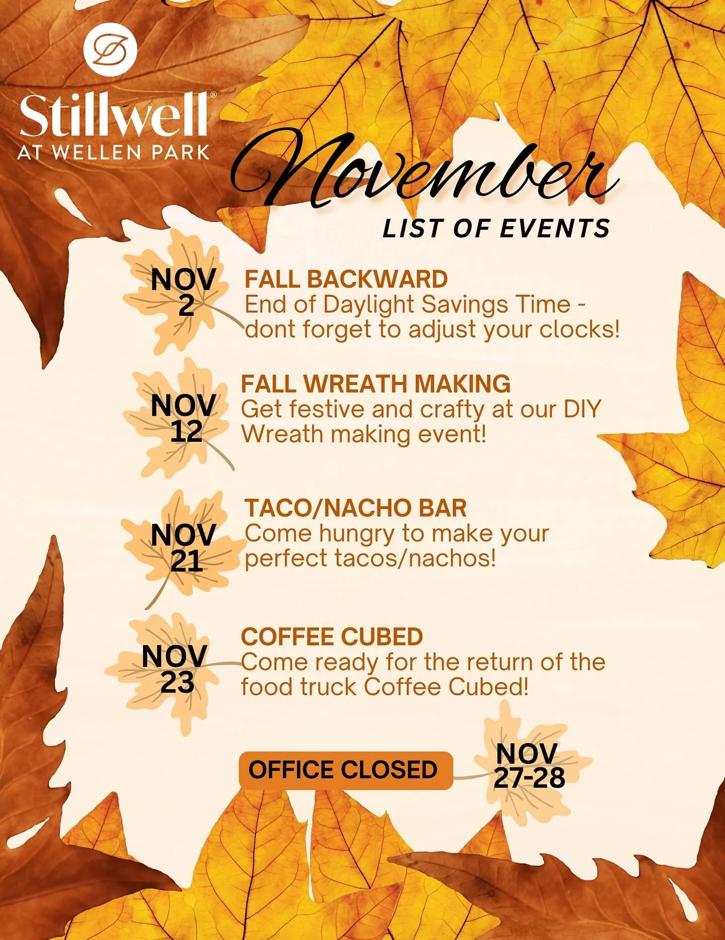 🍂 November at Stillwell at Wellen Park 🍁

There&rsquo;s so much to be thankful for this month &mdash; community, connection, and fun! Here&rsquo;s what&rsquo;s happening around Stillwell in November!!

Let&rsquo;s make this month one to remember! ❤