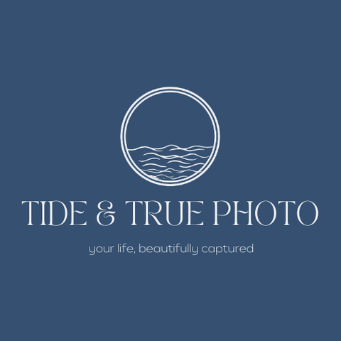 Logo with a circular wave design above the text "Tide & True Photo" and the tagline "your life, beautifully captured" on a dark blue background.