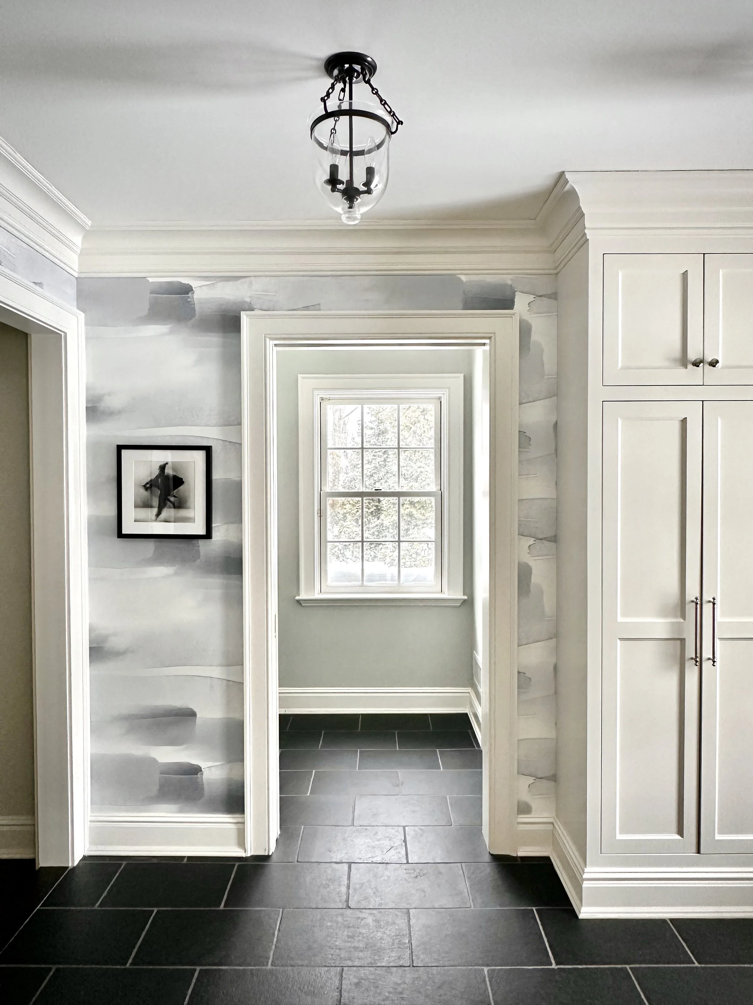 Transitional Mudroom, Long Island, NYC, Wallpaper, Curated Design, Luxury interiors