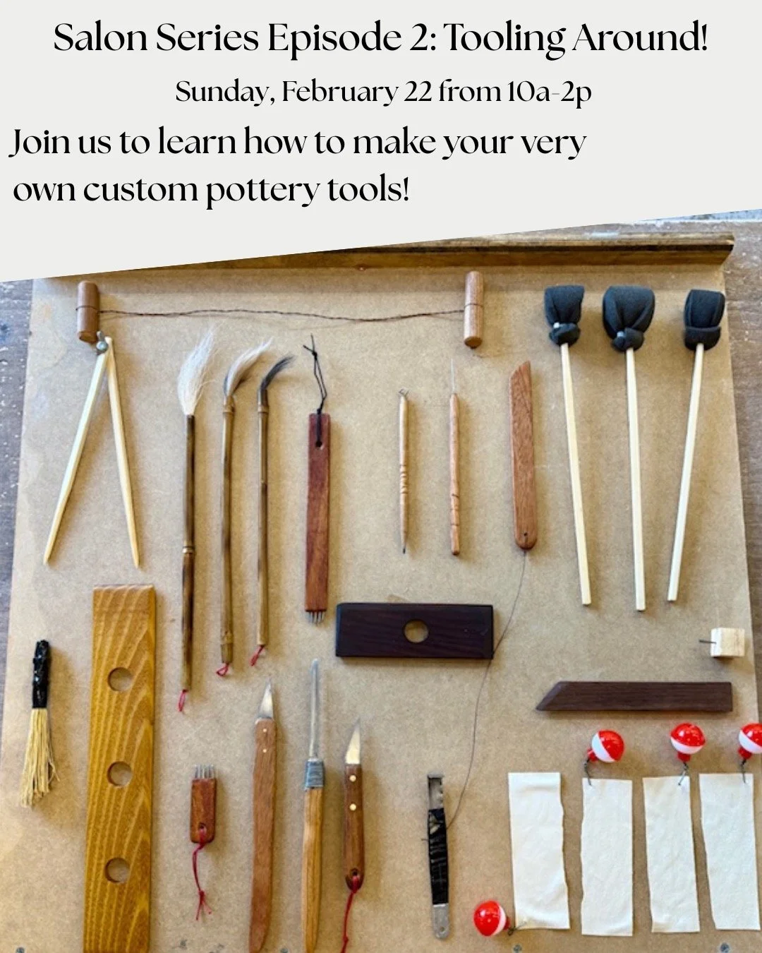 LINK IN BIO! Our second Salon Series with our wonderful instructor @julimichaelpottery is coming up... and this time, we're making our own custom tools. Sign up using the link in our bio and mark your calendars for Sunday, February 22nd! 🔨