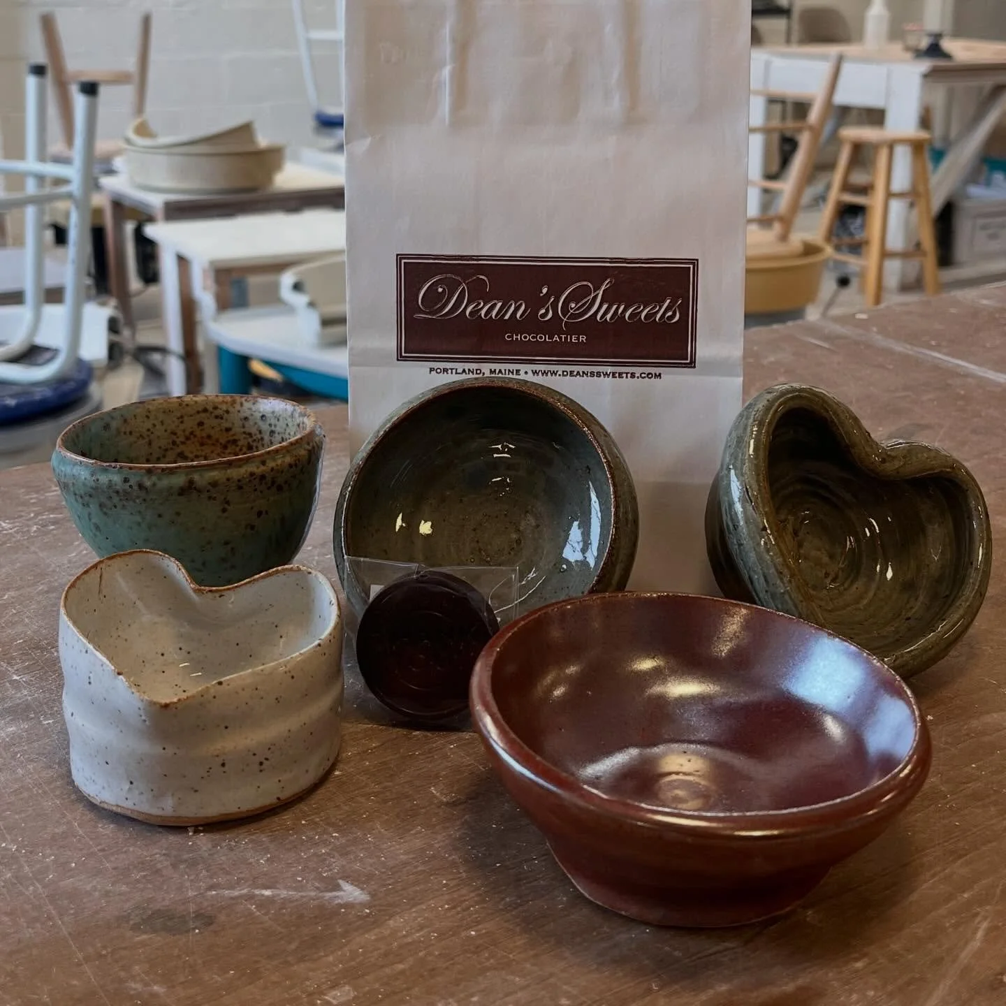 Valentine&rsquo;s Day Date Night pots are out of the kiln!! Thanks to all who joined - we had so much fun hosting you. Big thanks to @sisslecheesemongers &amp; @deanssweets for collaborating with us! 🫶