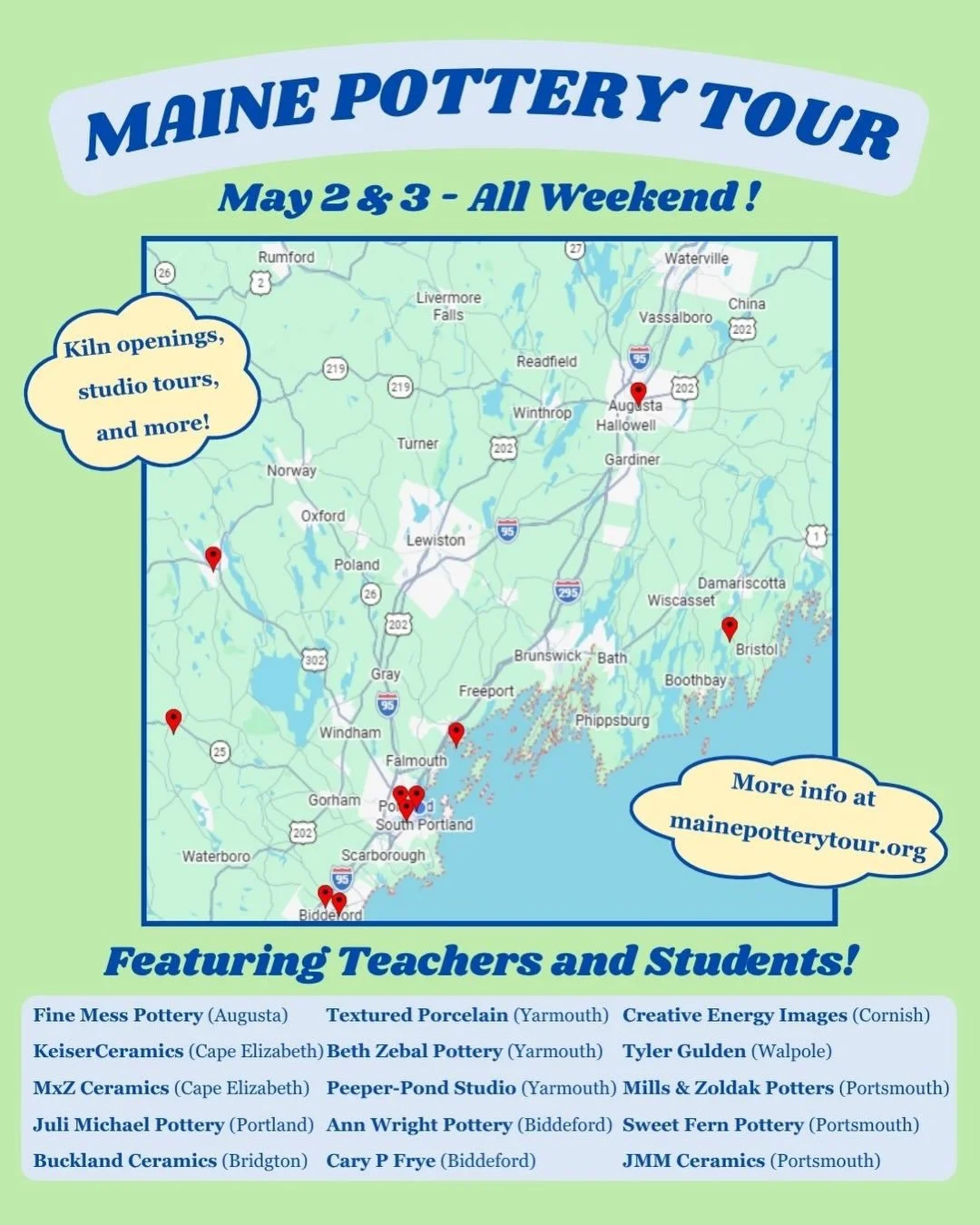 The Maine Pottery Tour is happening soon!

So many Portland Pottery students and staff are involved this year, and the gallery is fully stocked! Stop by and support the community!

Gallery open daily 9 to 5!