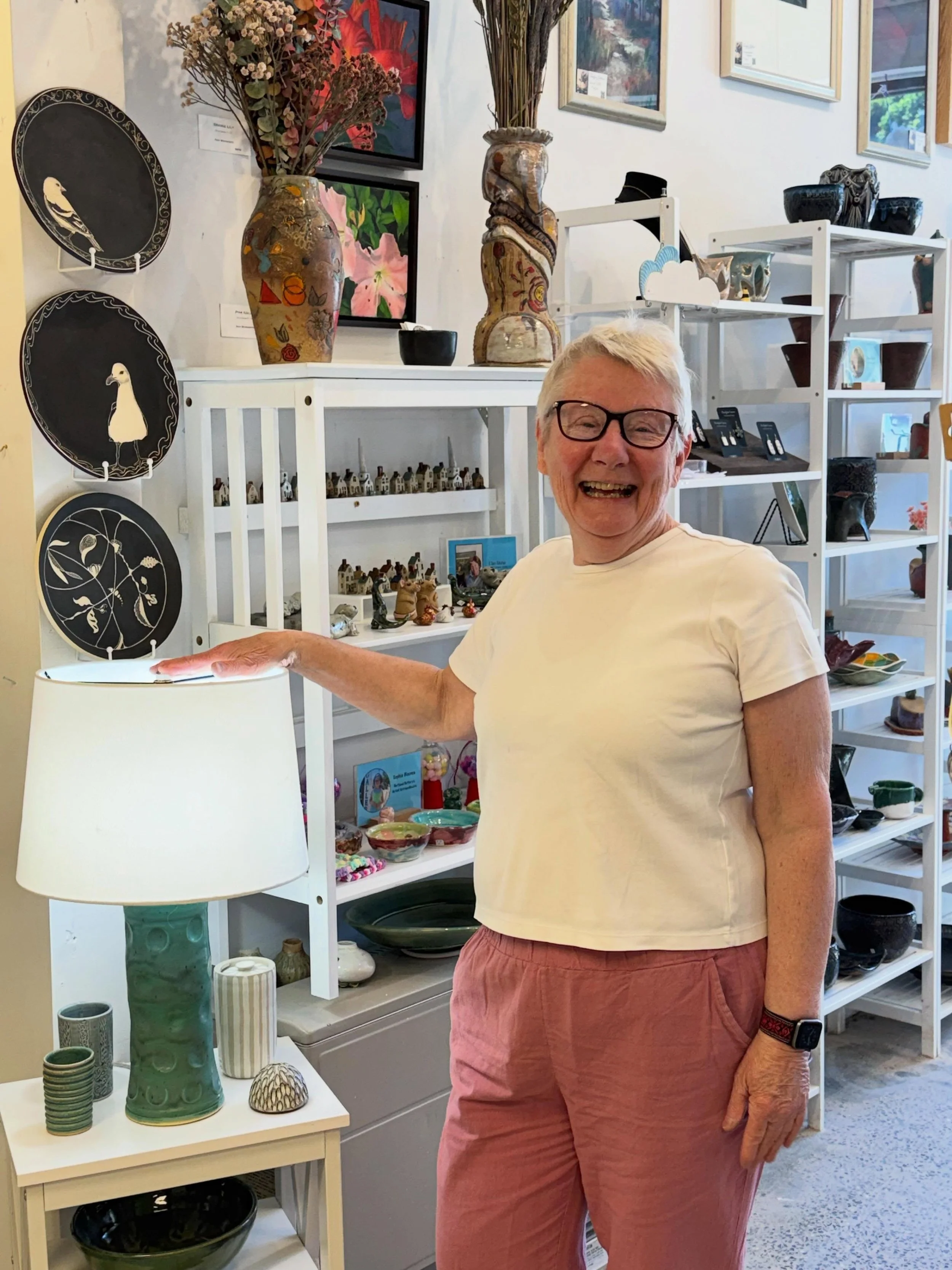 The lamp lady (aka Sharon Gamage) stopped by! Her lamps light up the studio - just like she does!

Gallery open daily 9-7!