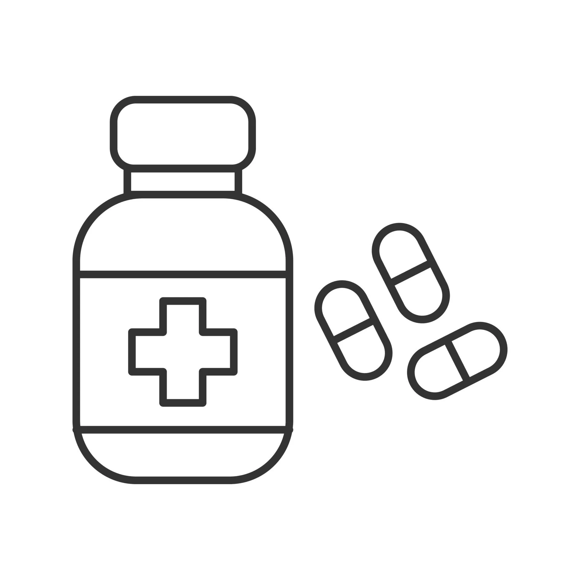 Illustration of a medicine bottle with a cross symbol and three pills beside it