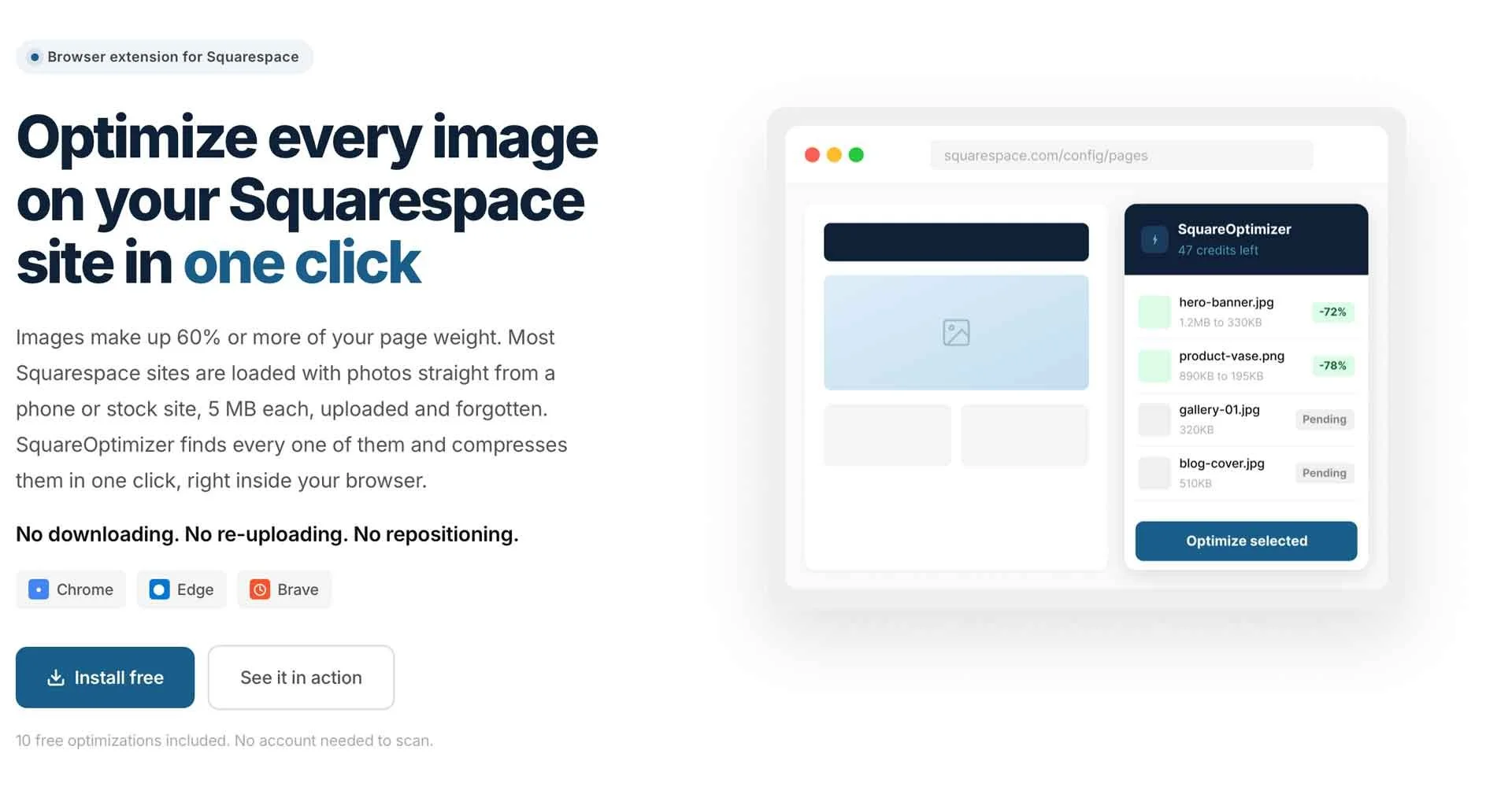 screen shot of squareoptimizer the one click solution to compress all of your squarespace images at once