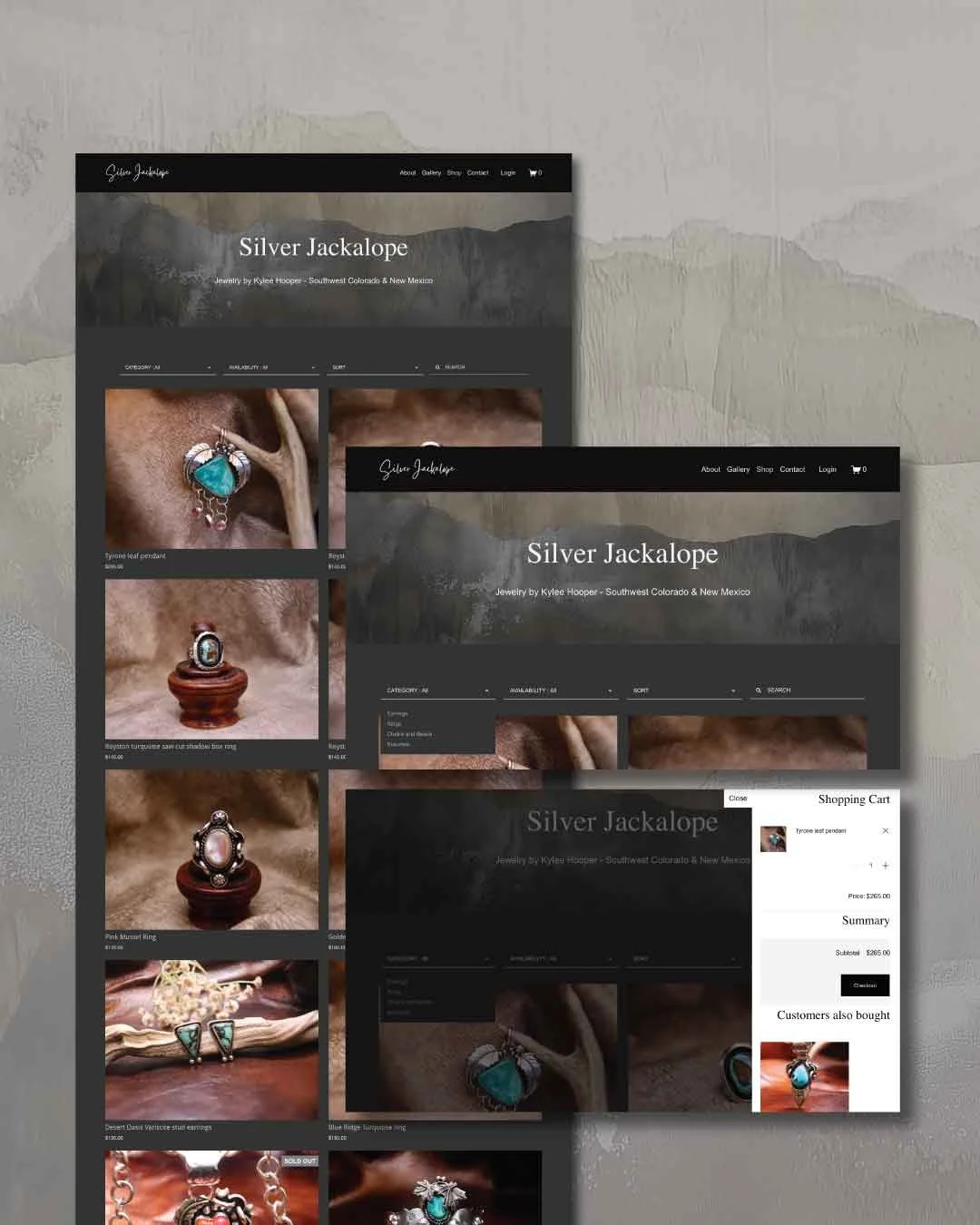 A great “simple” website feels simple to use, but is complex to build. 
Silver Jackalope needed a clean, easy-to-manage website to sell her handmade jewelry. She wanted something bold but simple. Dark theme. Easy to shop. Easy to update.