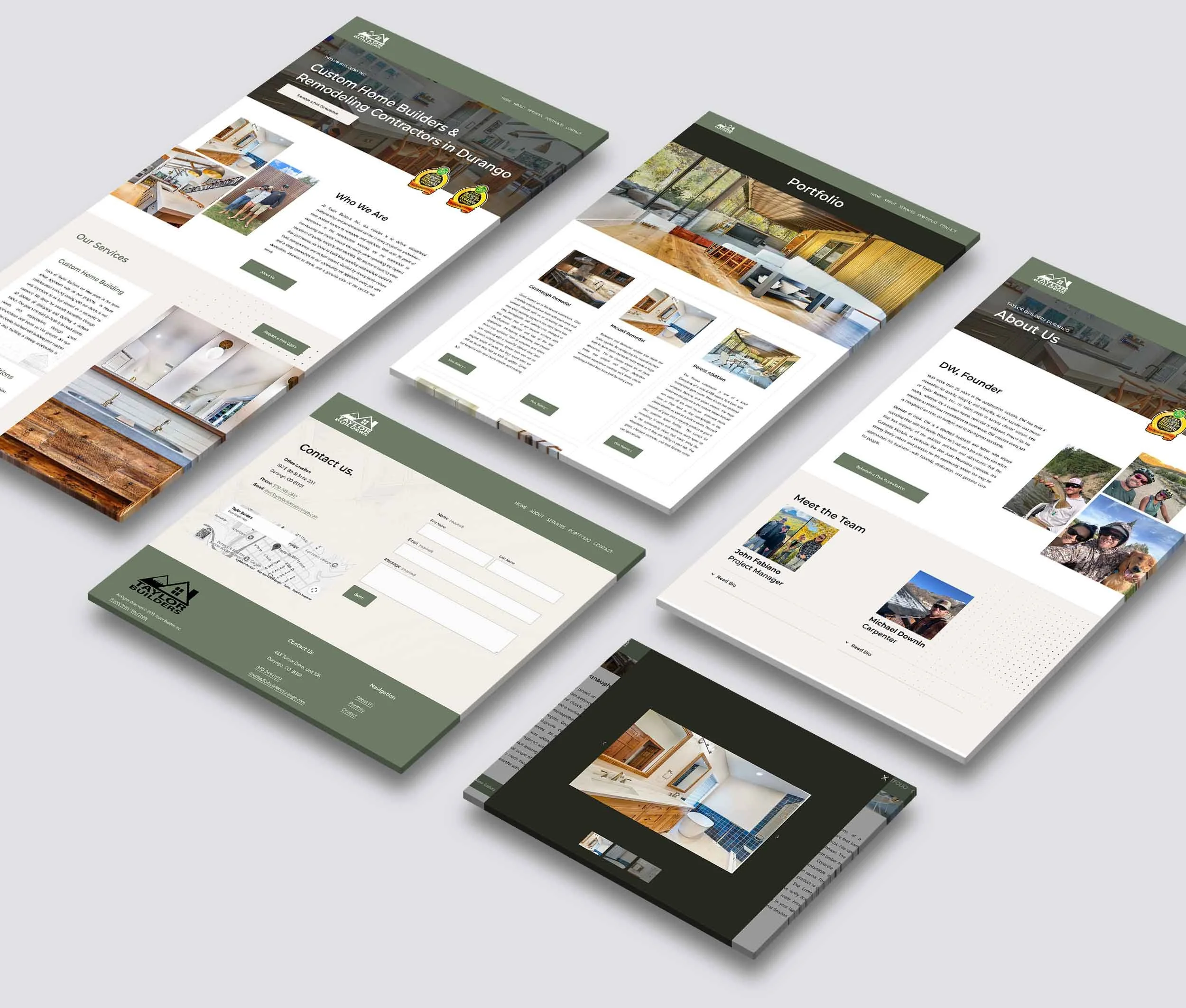 mockup of several pages from the Taylor Builders Durango website redesign