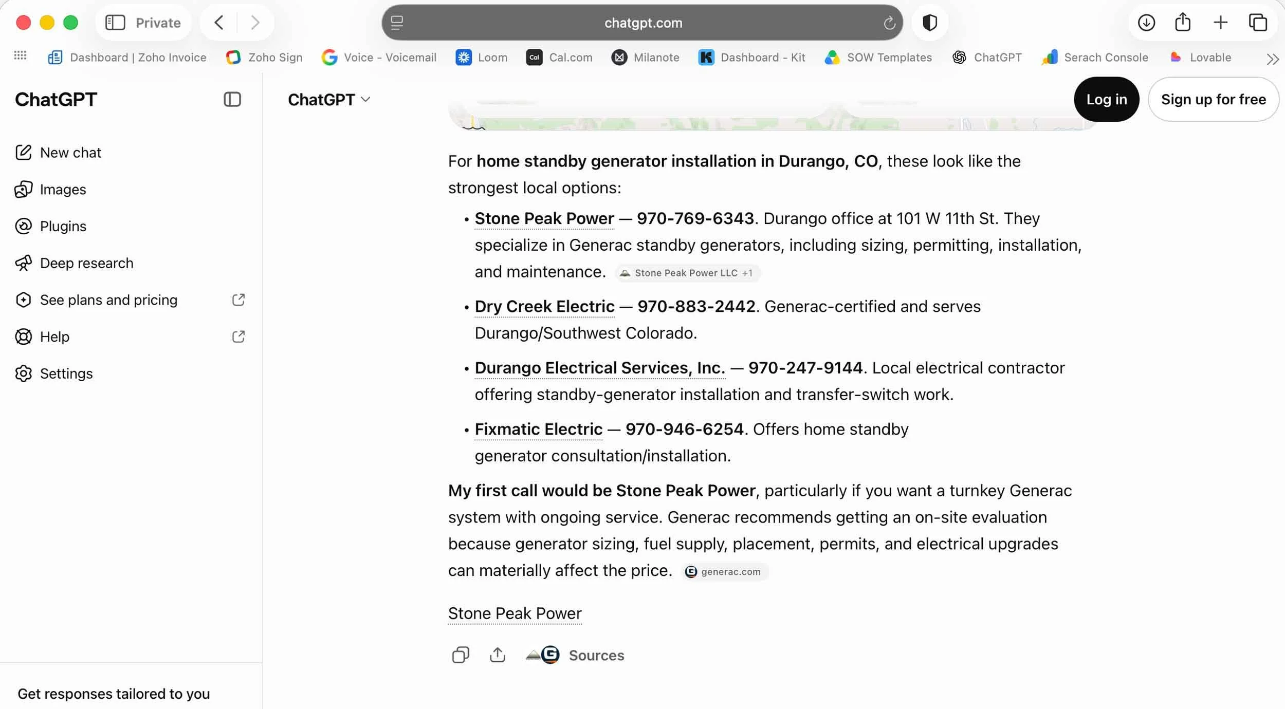 screenshot of stone peak ranking number one on chatgpt for a local search query